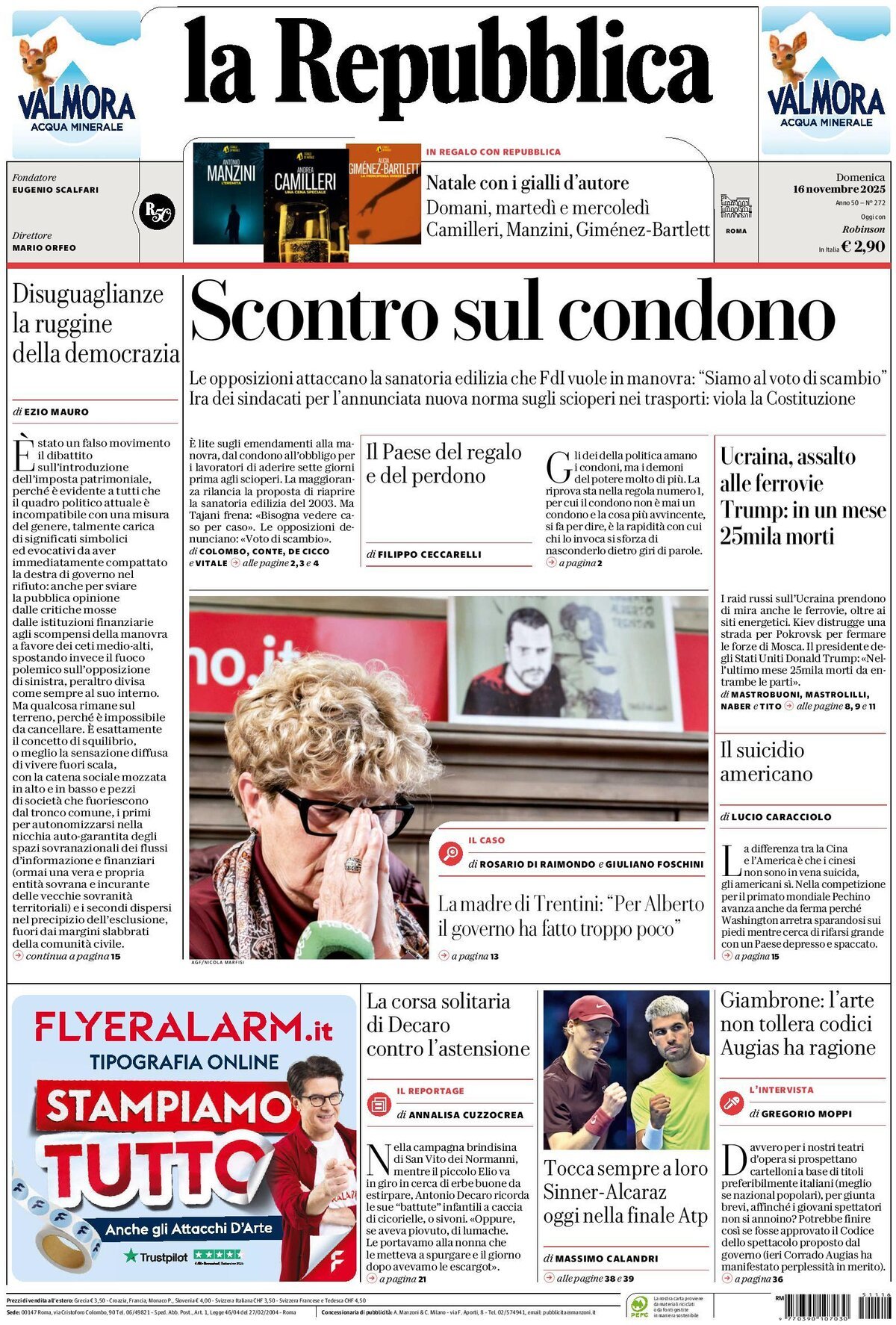 Prima Pagina La Repubblica 16/11/2025