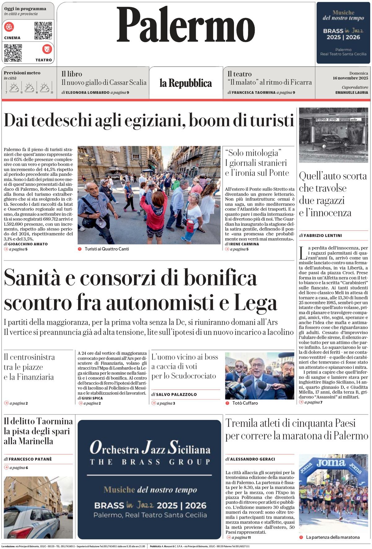 Prima Pagina La Repubblica (Palermo) 16/11/2025