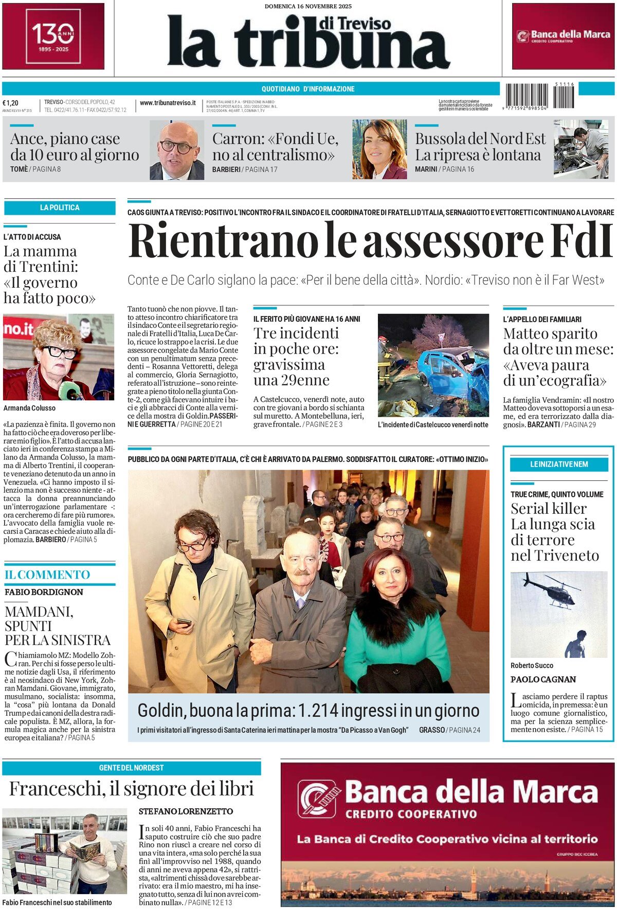 Prima Pagina La Tribuna di Treviso 16/11/2025