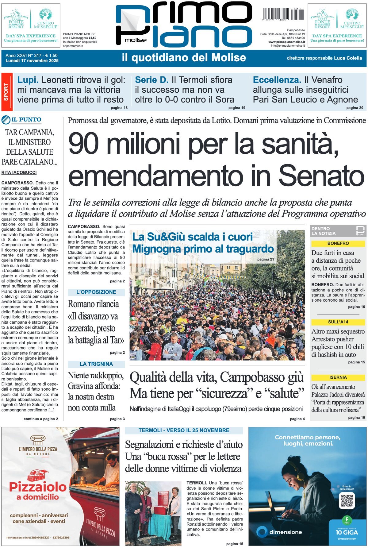 Prima Pagina Primo Piano Molise 17/11/2025