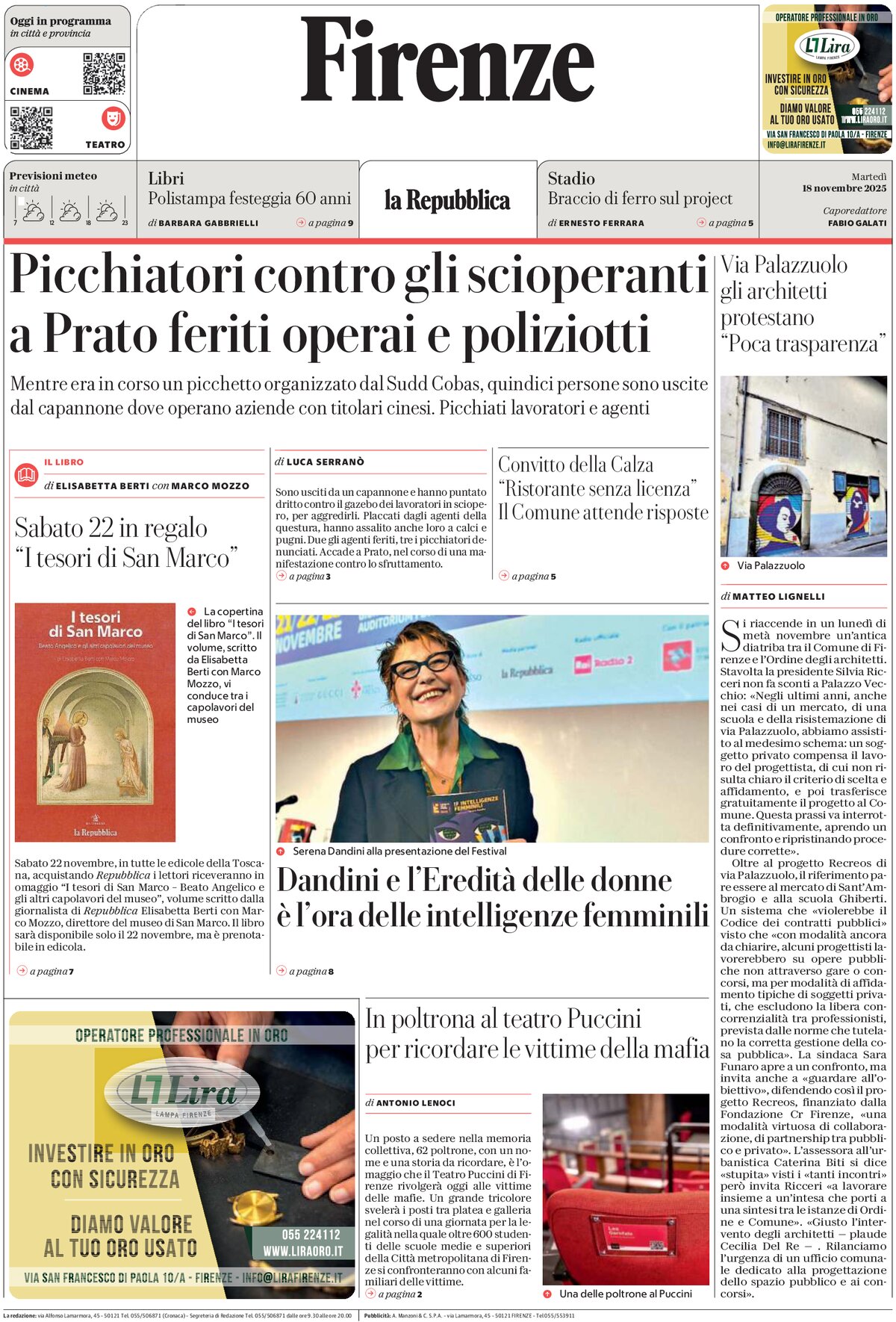 Prima Pagina La Repubblica (Firenze) 18/11/2025