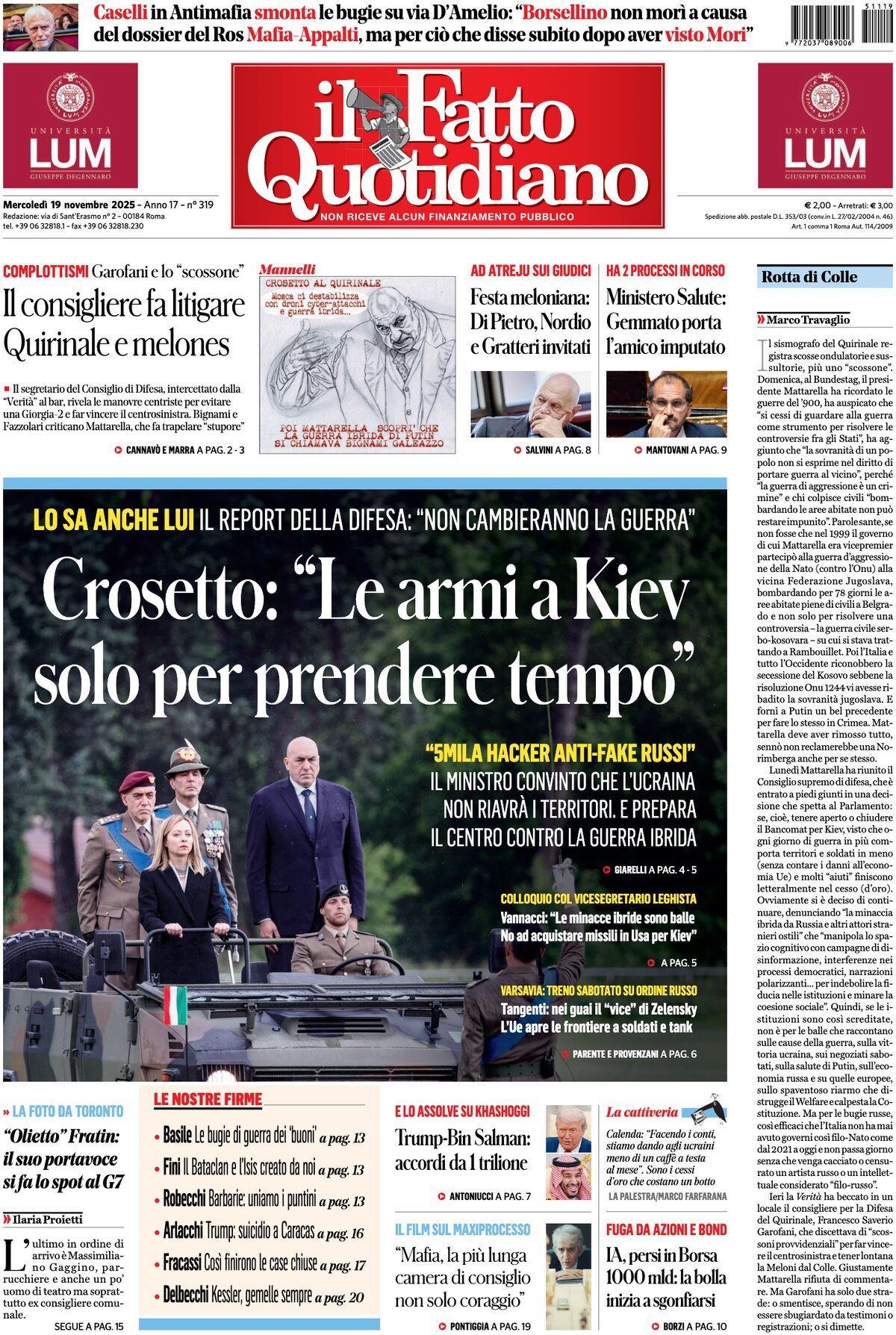 Prima Pagina Il Fatto Quotidiano 19/11/2025