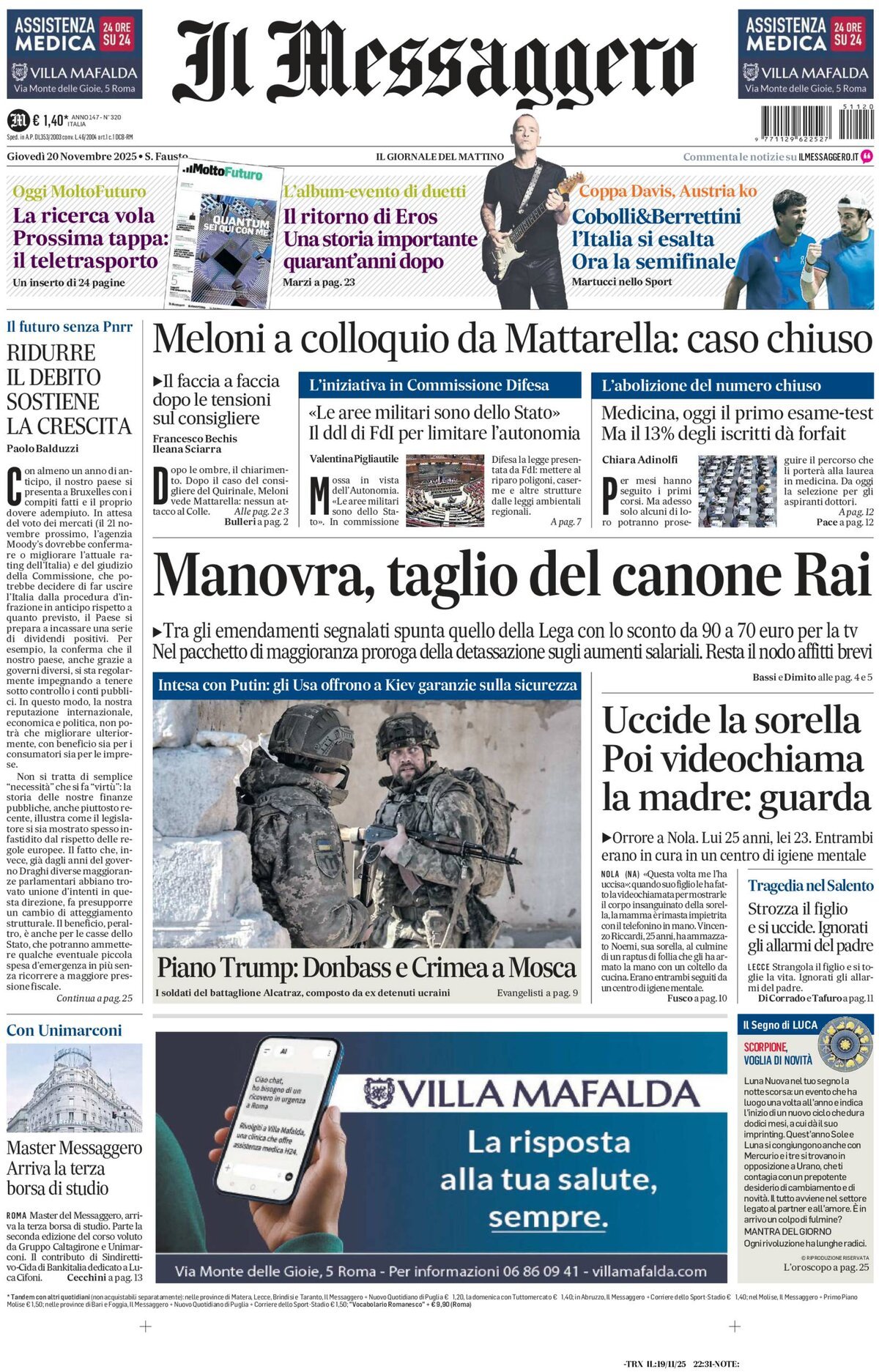 Prima Pagina Il Messaggero 20/11/2025