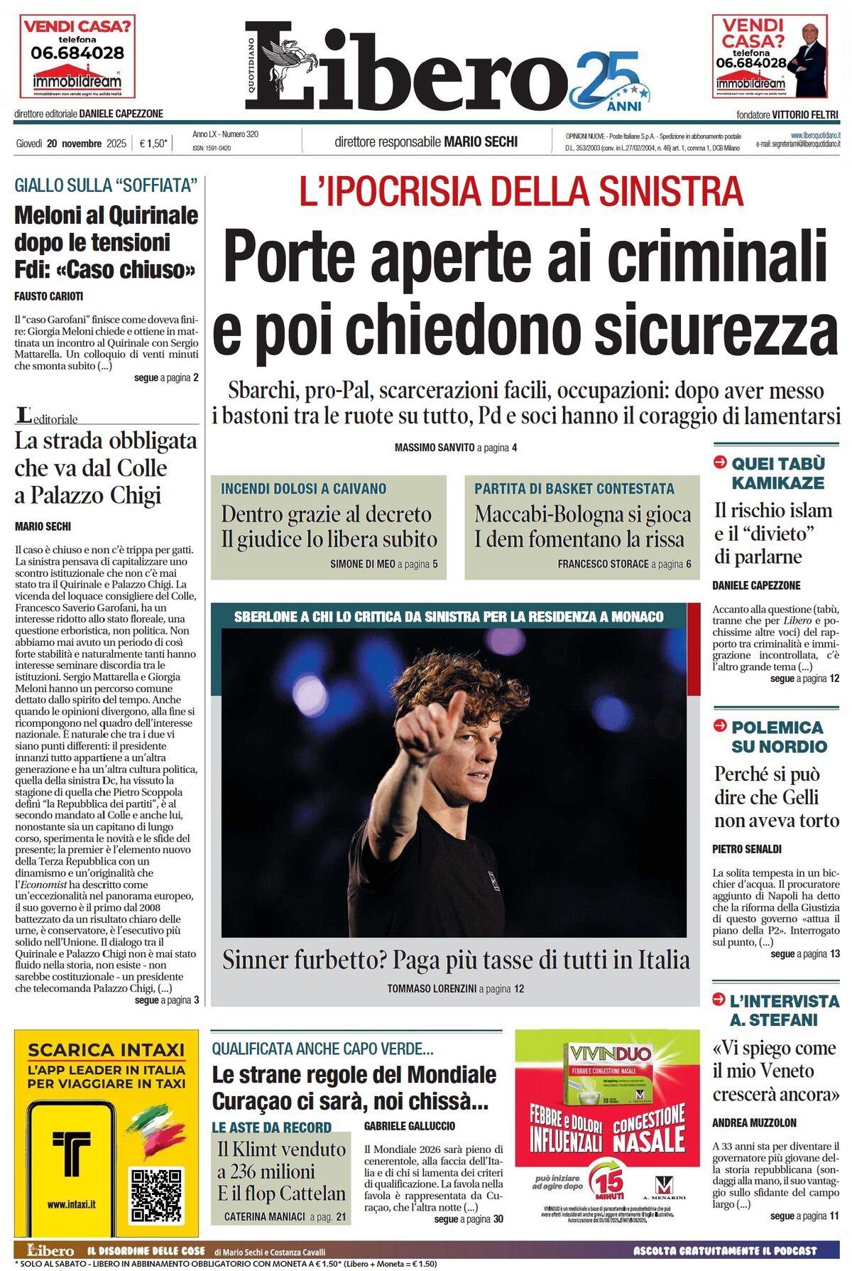 Prima Pagina Libero Quotidiano 20/11/2025