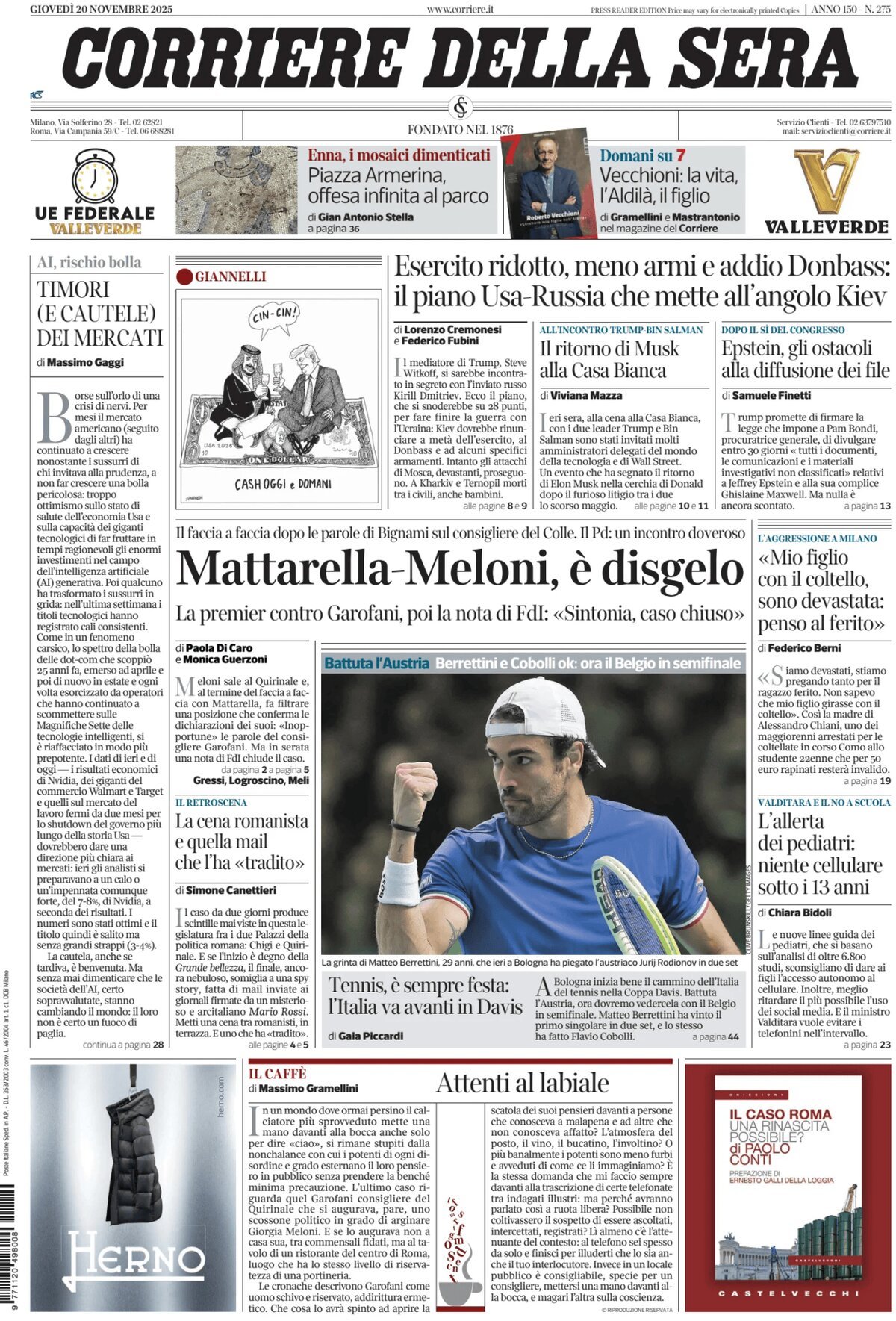 Prima Pagina Corriere della Sera 20/11/2025