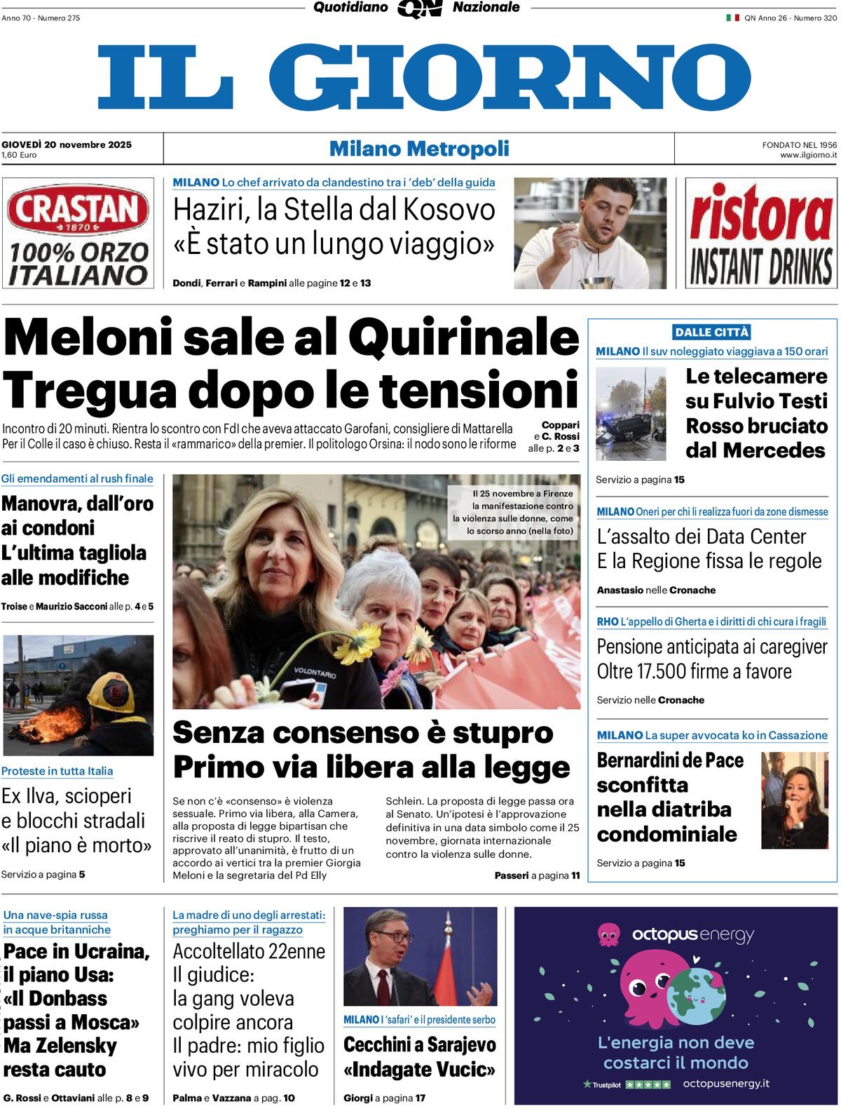 Prima Pagina Il Giorno (Milano Metropoli) 20/11/2025