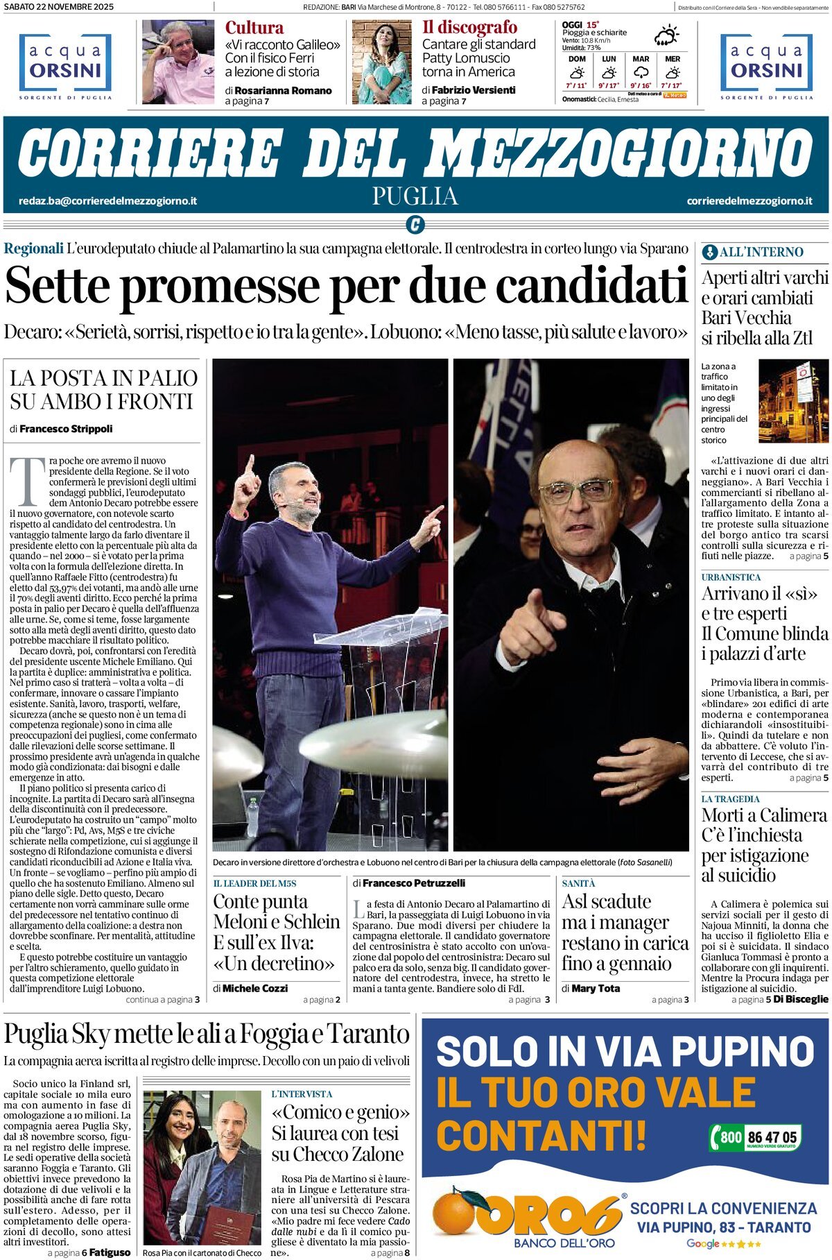 Prima Pagina Corriere del Mezzogiorno (Puglia) 22/11/2025
