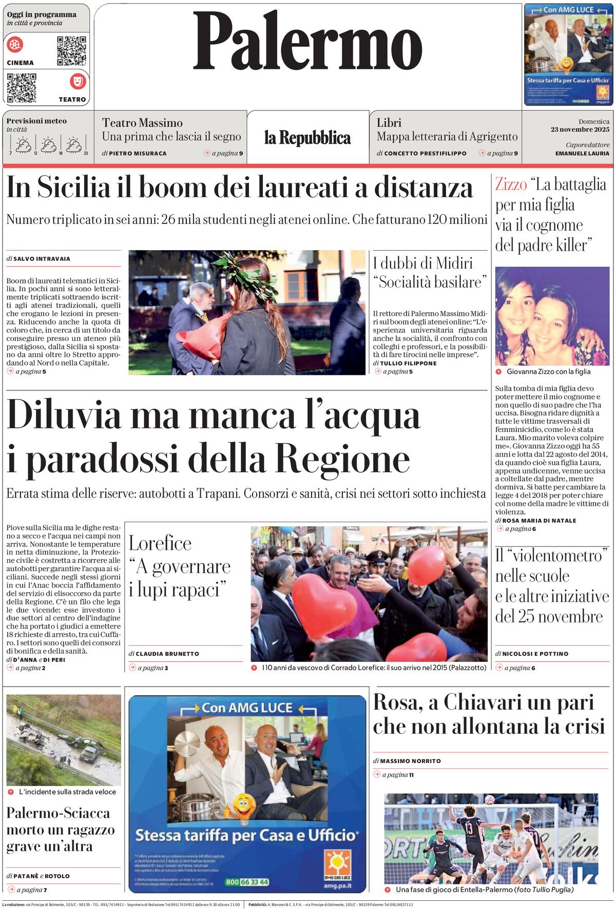 Prima Pagina La Repubblica (Palermo) 23/11/2025