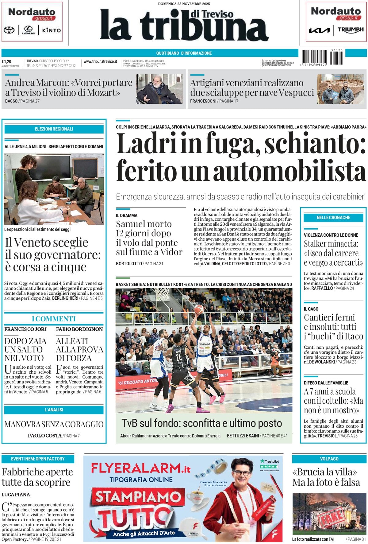 Prima Pagina La Tribuna di Treviso 23/11/2025