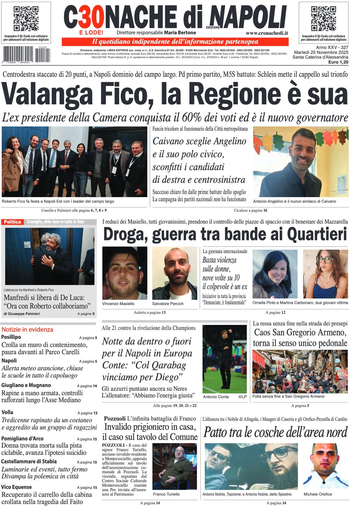 Prima Pagina Cronache di Napoli 25/11/2025
