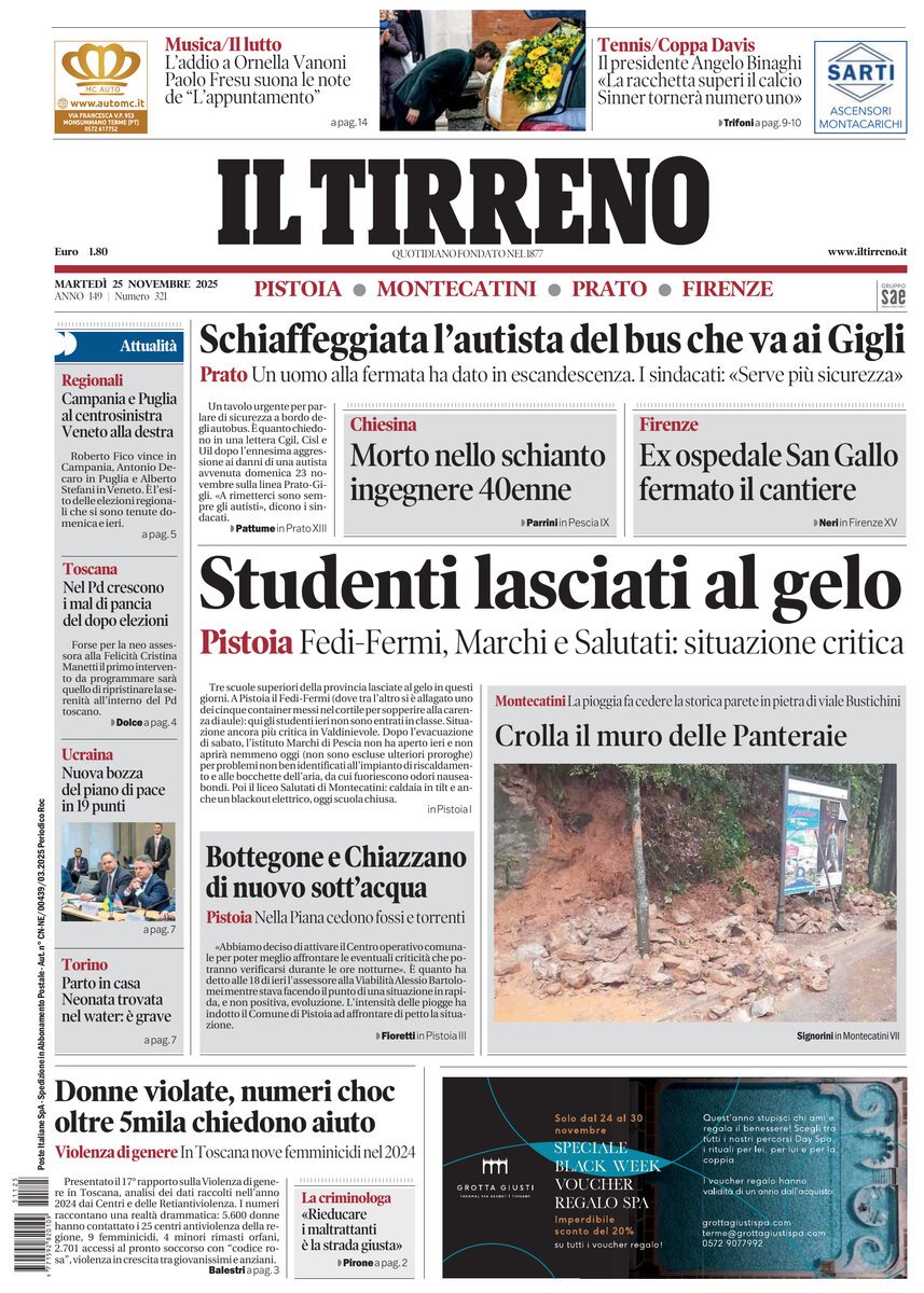 Prima Pagina Il Tirreno (Firenze, Prato, Pistoia, Montecatini) 25/11/2025