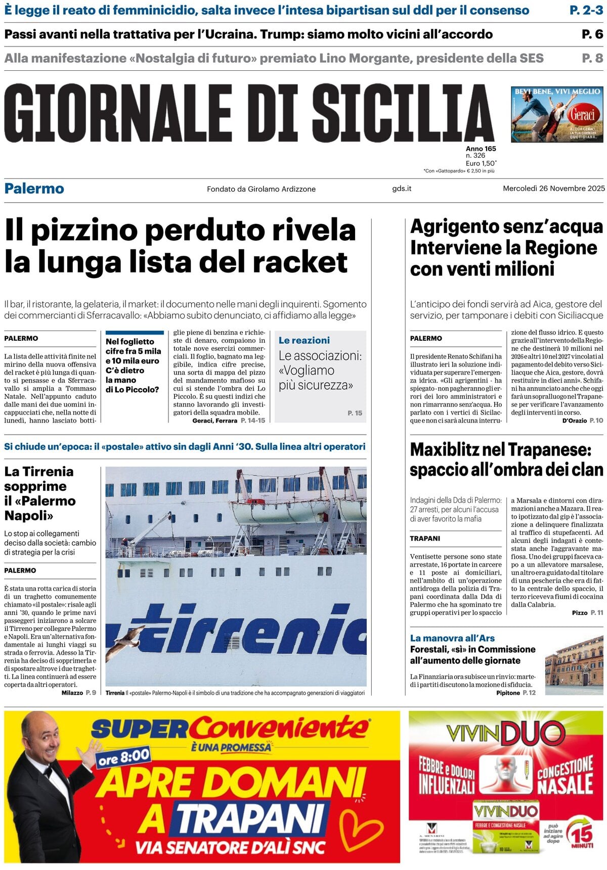 Prima Pagina Giornale di Sicilia (Palermo) 26/11/2025