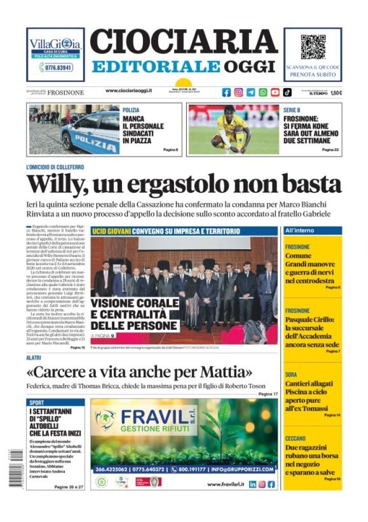 Prima Pagina Ciociaria Editoriale Oggi 27/11/2025