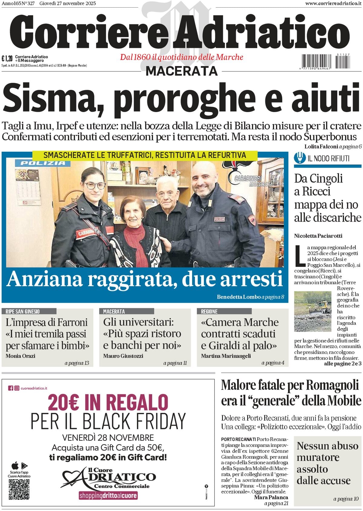 Prima Pagina Corriere Adriatico (Macerata) 27/11/2025