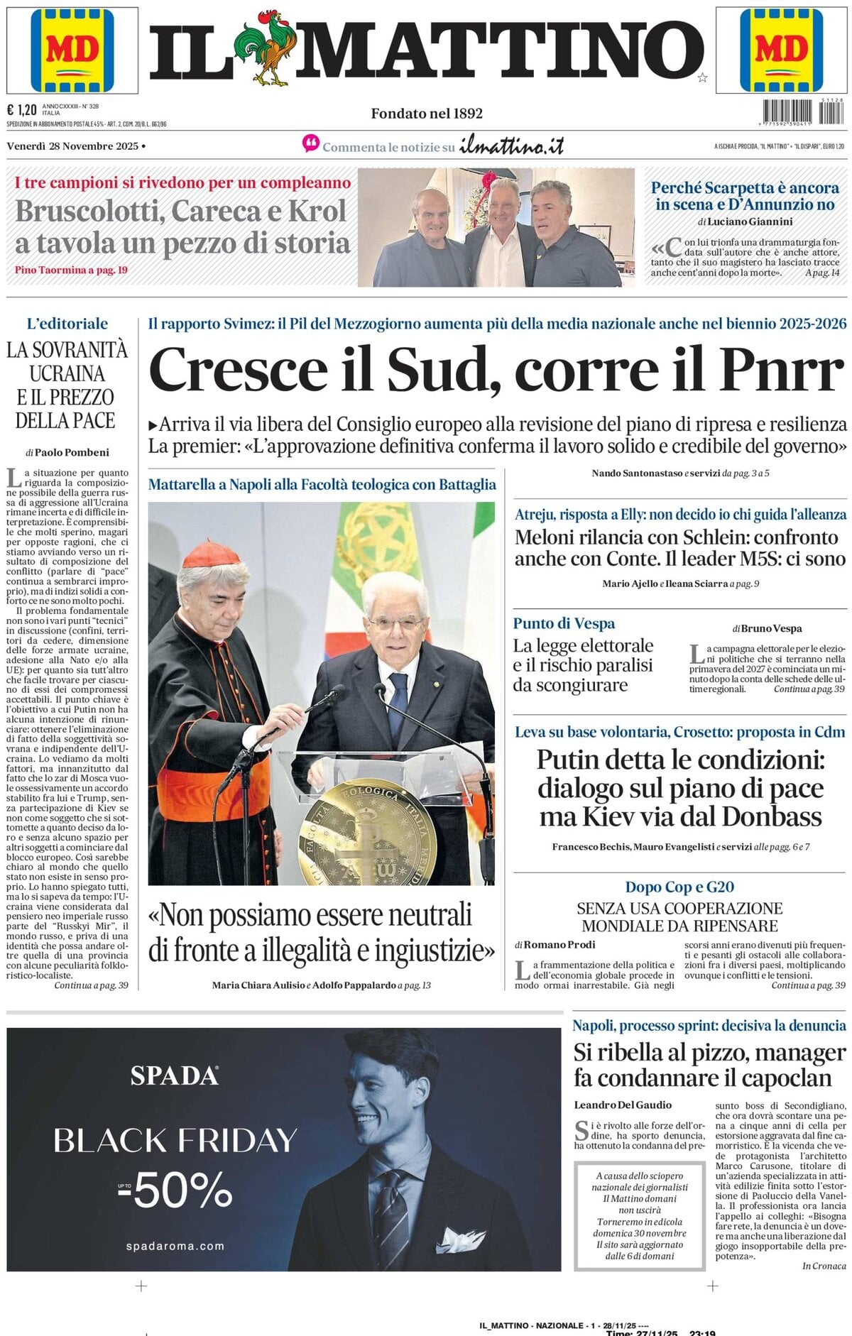 Prima Pagina Il Mattino 28/11/2025