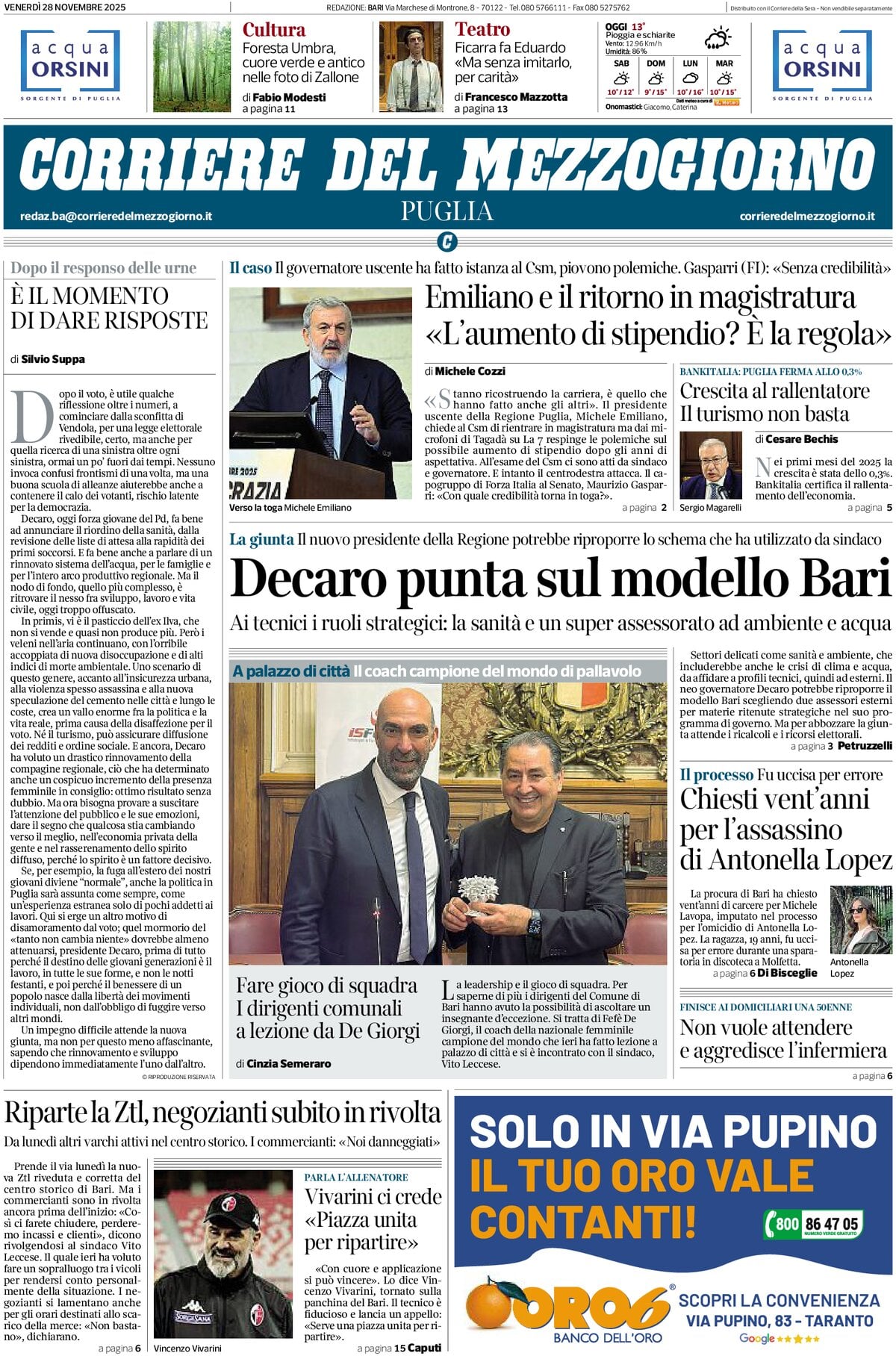 Prima Pagina Corriere del Mezzogiorno (Puglia) 28/11/2025