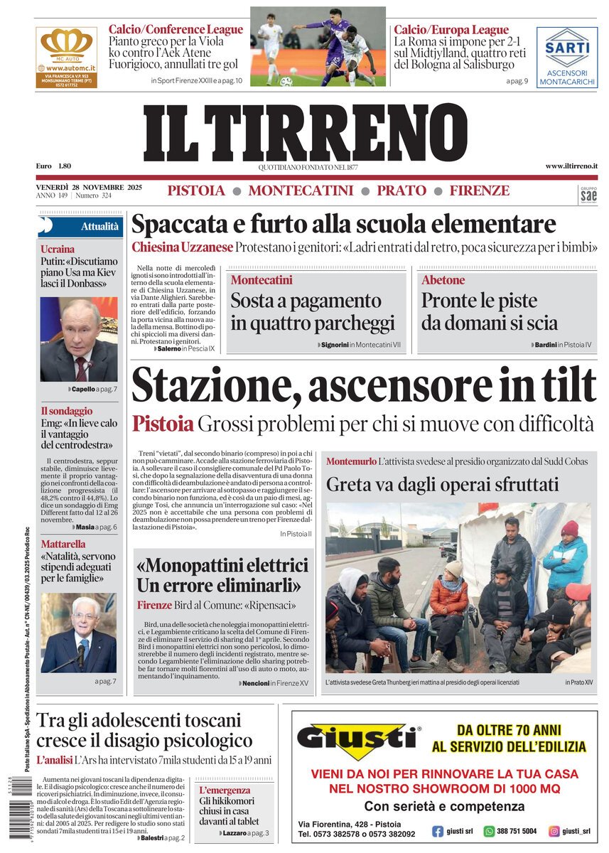 Prima Pagina Il Tirreno (Firenze, Prato, Pistoia, Montecatini) 28/11/2025