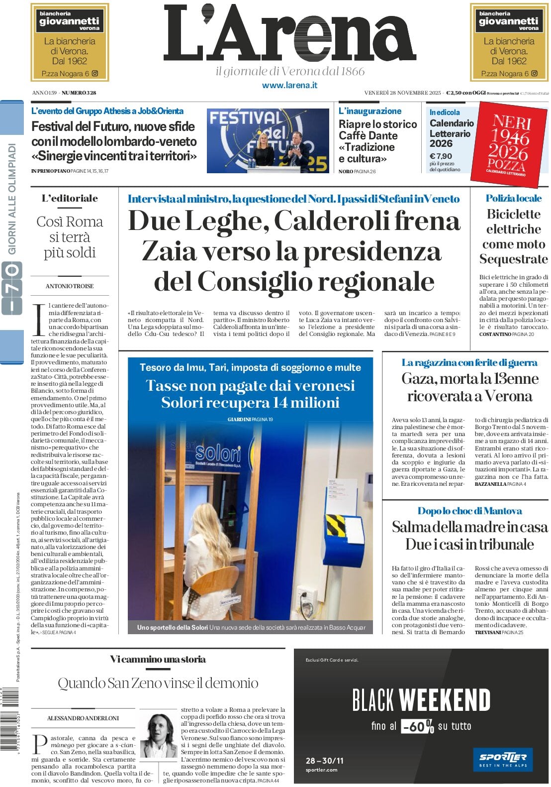 Prima Pagina L'Arena (Verona) 28/11/2025