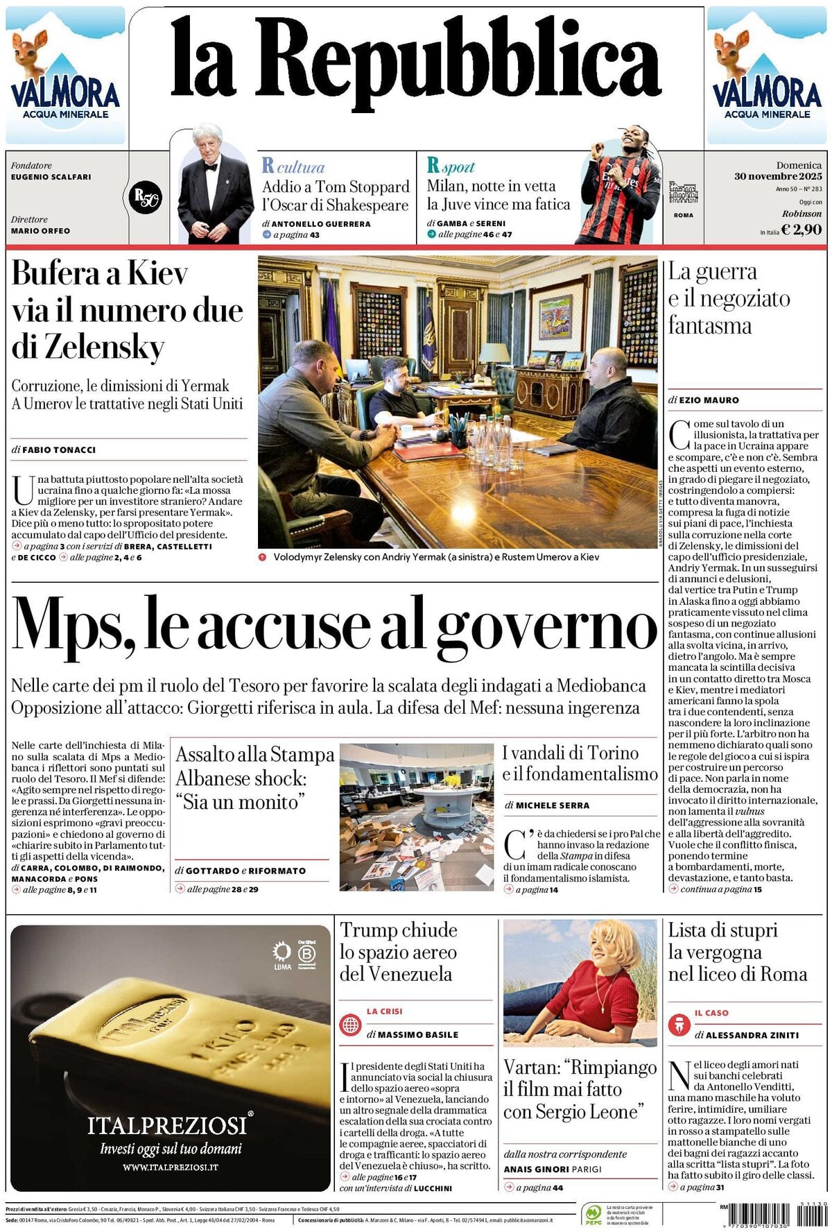 Prima Pagina La Repubblica 30/11/2025