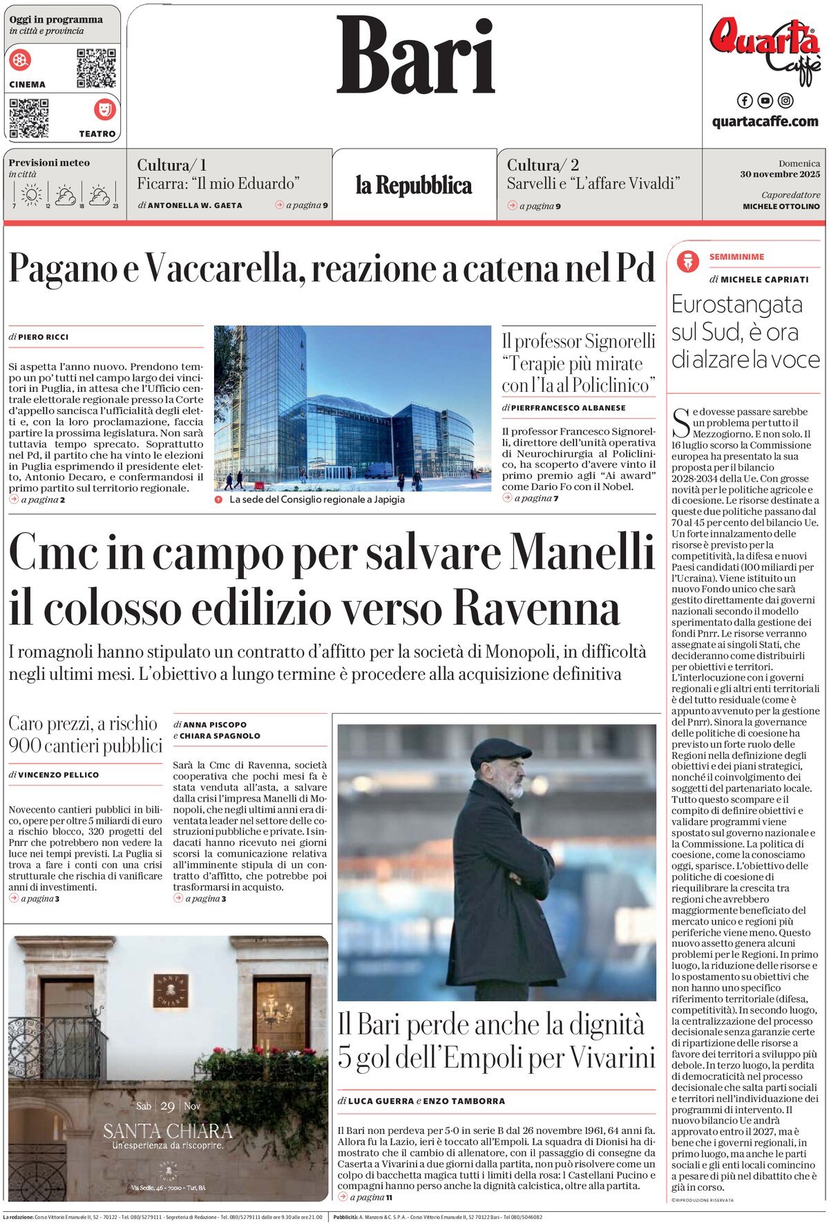 Prima Pagina La Repubblica (Bari) 30/11/2025