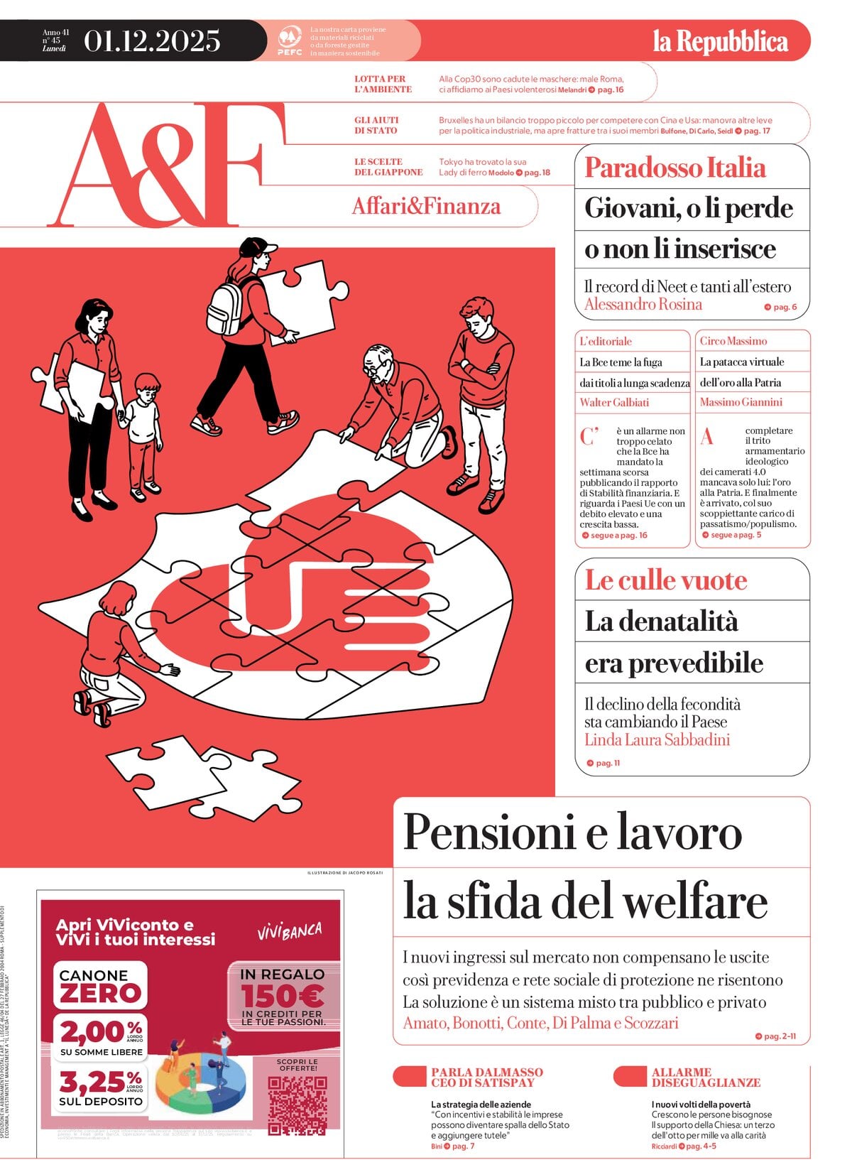 Copertina Affari & Finanza (la Repubblica) 01/12/2025