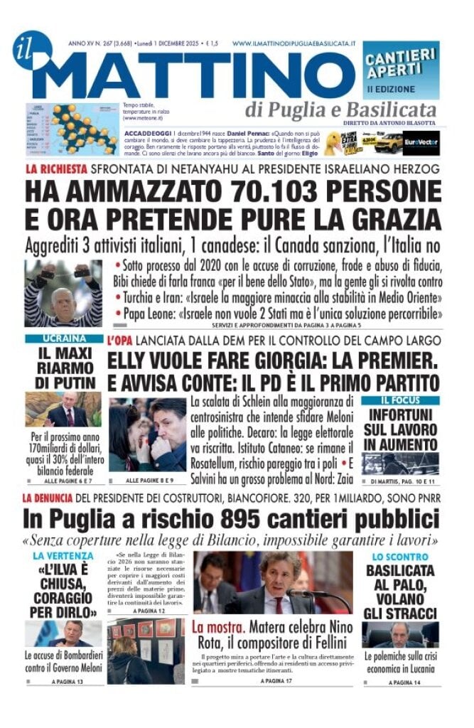 Prima Pagina Il Mattino di Puglia e Basilicata 01/12/2025