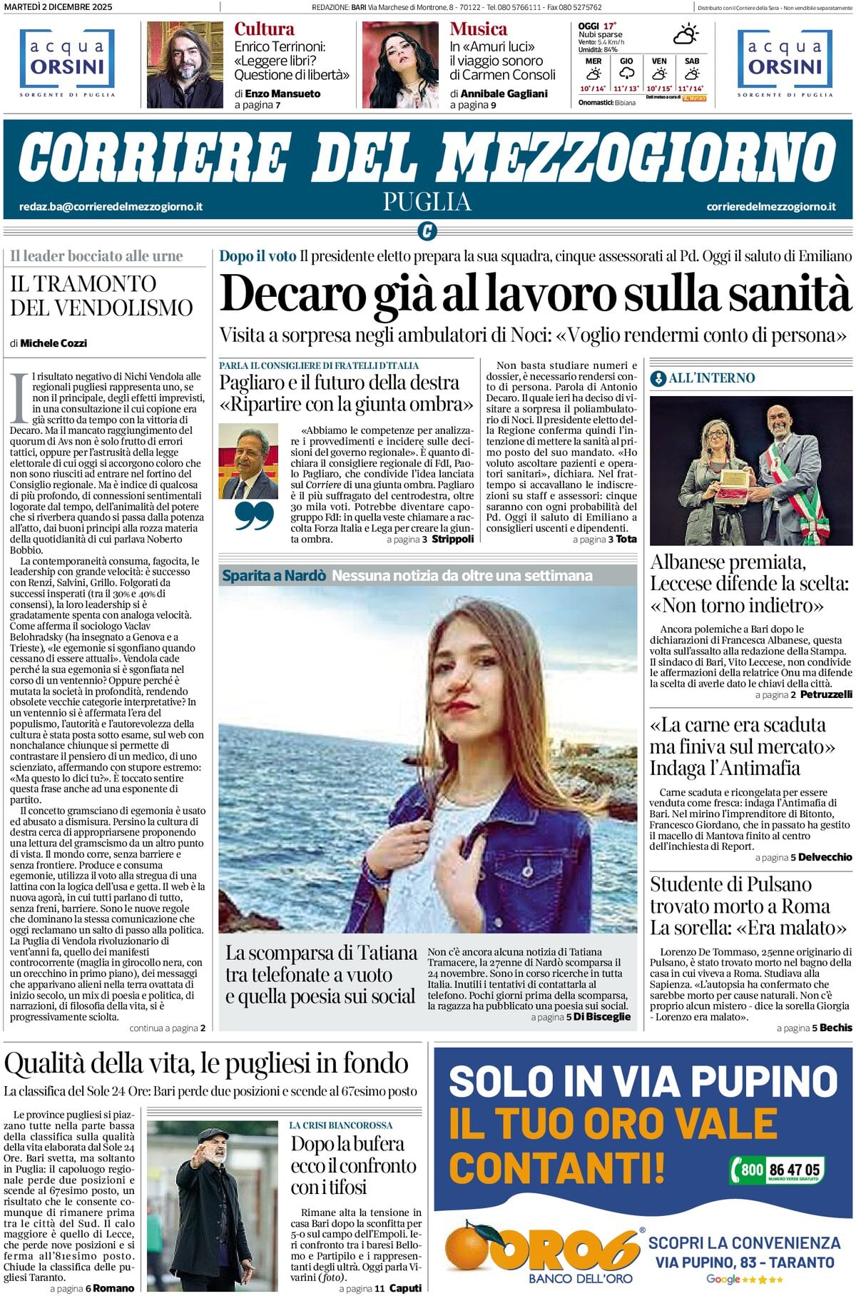 Prima Pagina Corriere del Mezzogiorno (Puglia) 02/12/2025