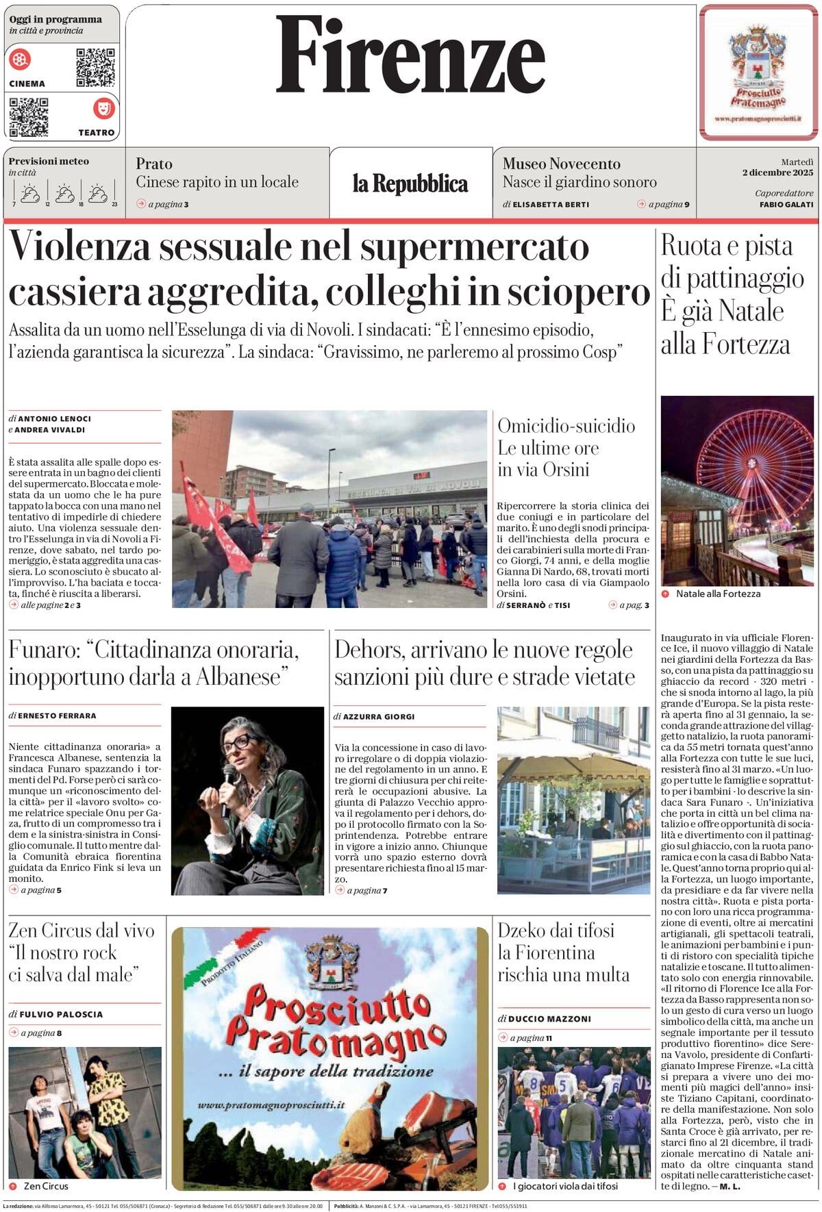 Prima Pagina La Repubblica (Firenze) 02/12/2025