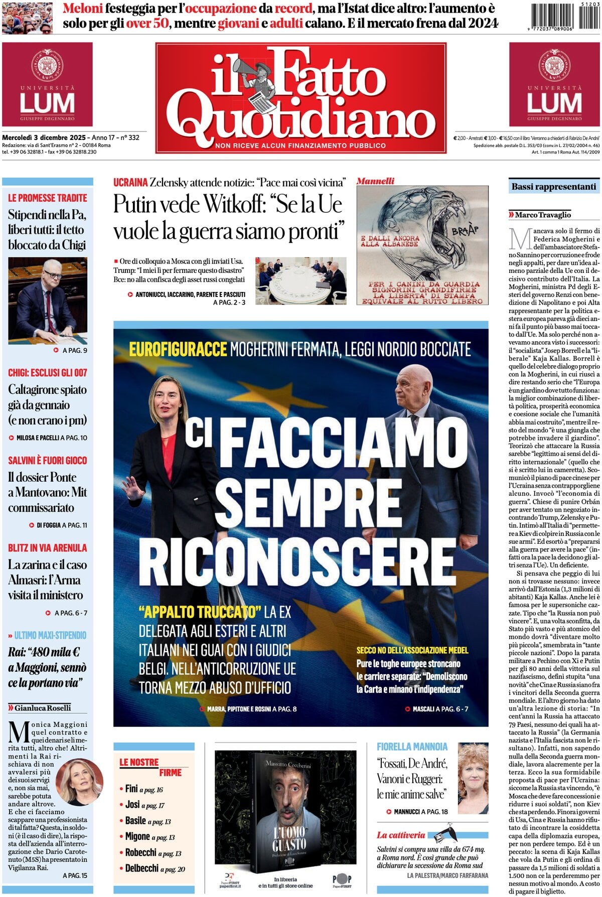 Prima Pagina Il Fatto Quotidiano 03/12/2025