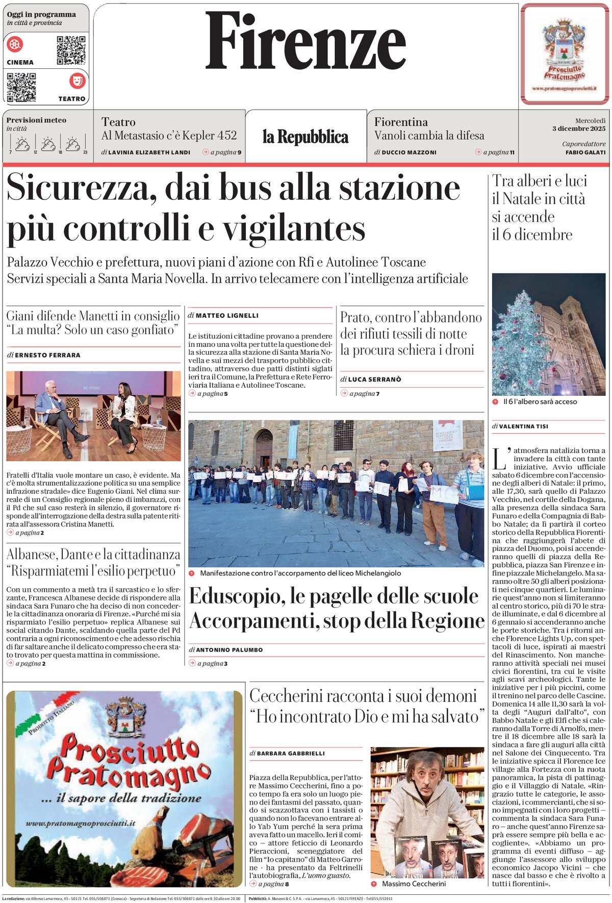 Prima Pagina La Repubblica (Firenze) 03/12/2025