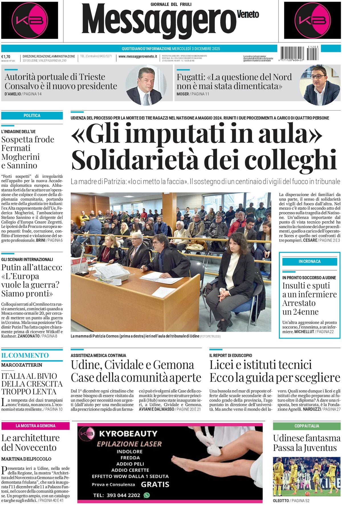 Prima Pagina Messaggero Veneto (Udine) 03/12/2025