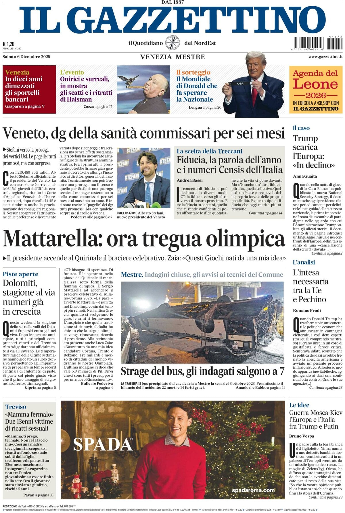 Prima Pagina Il Gazzettino 06/12/2025