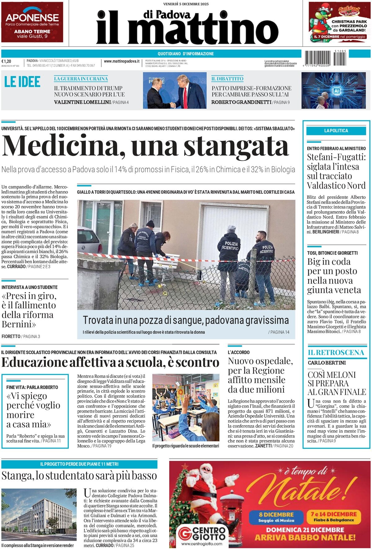 Prima Pagina Il Mattino di Padova 05/12/2025