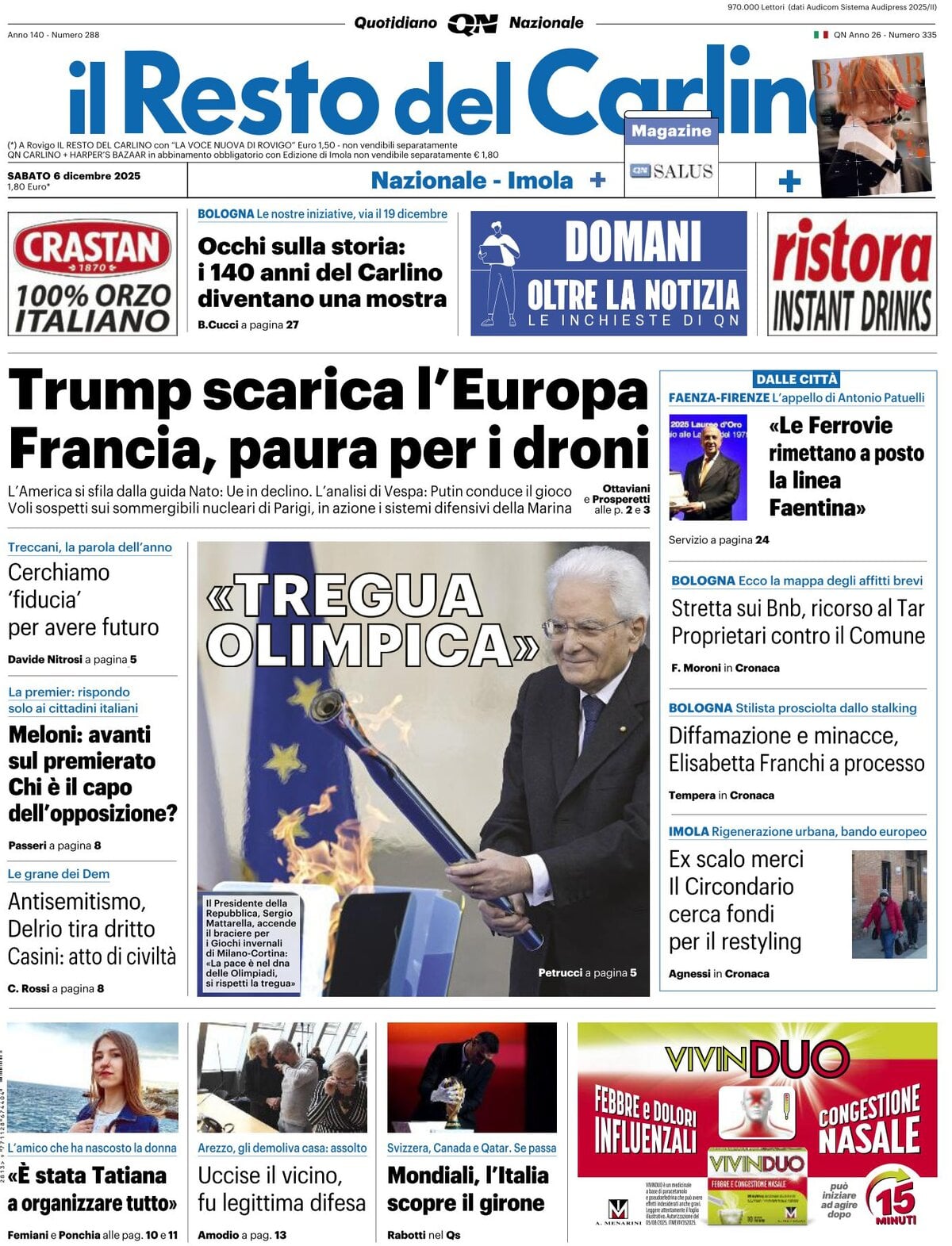 Prima Pagina Il Resto del Carlino 06/12/2025