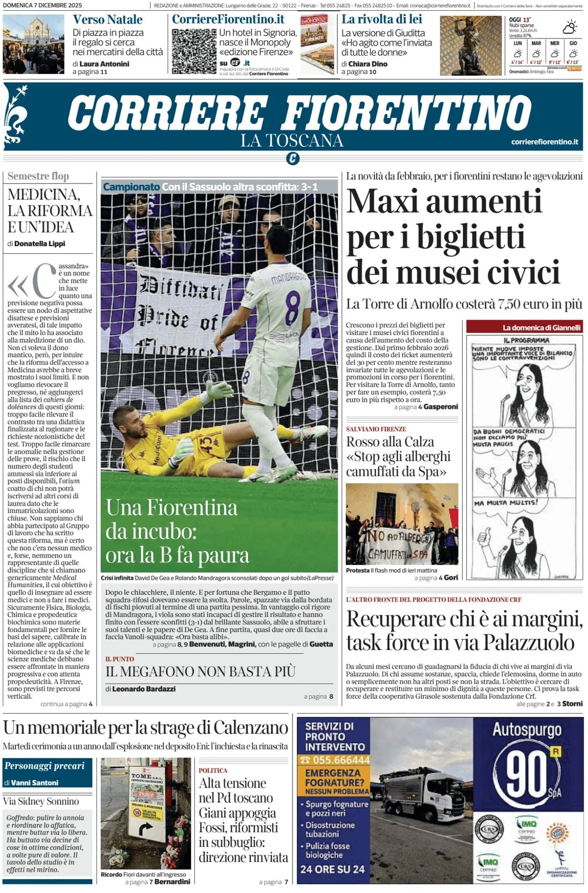 Prima Pagina Corriere Fiorentino 07/12/2025