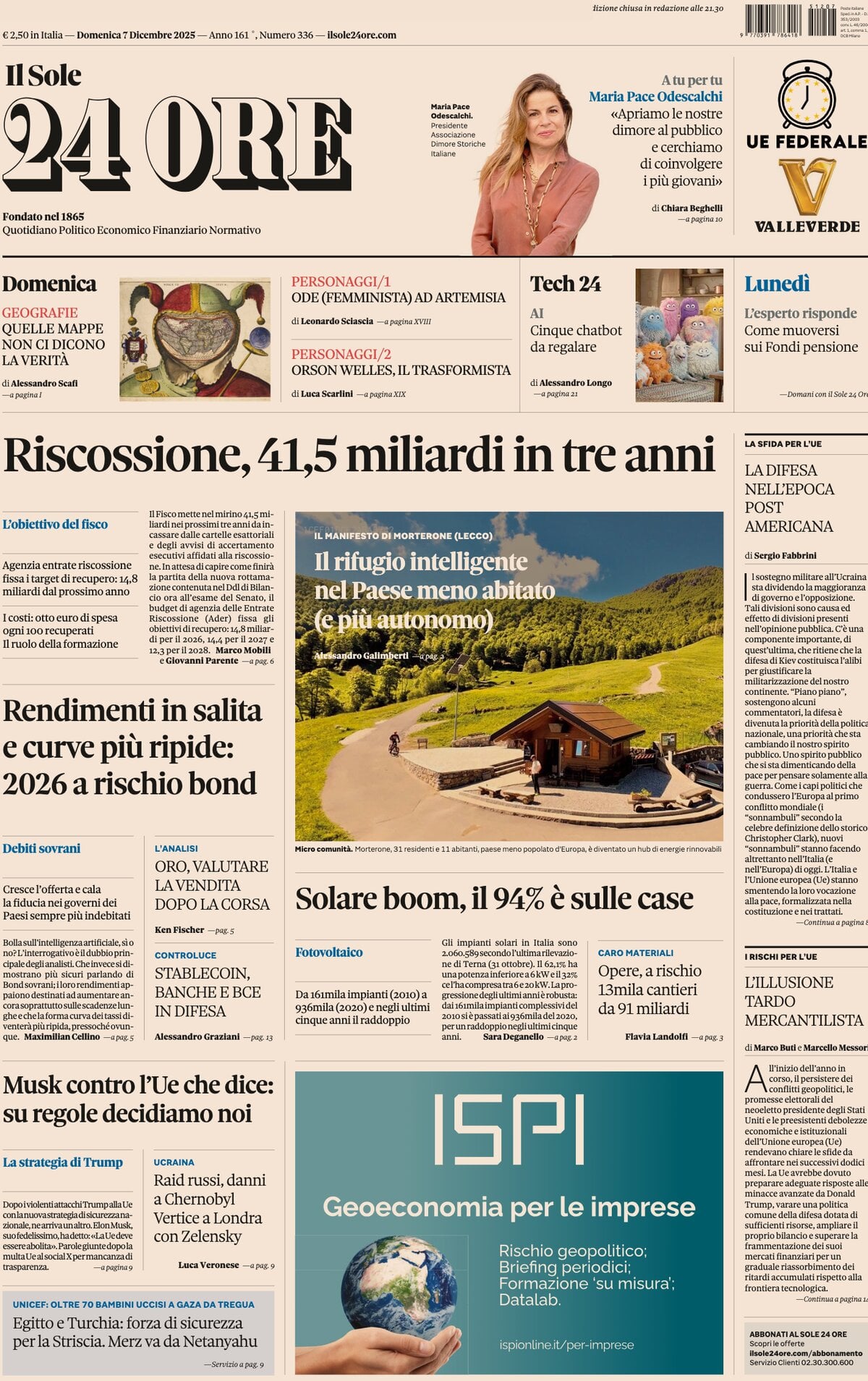 Prima Pagina Il Sole 24 Ore 07/12/2025
