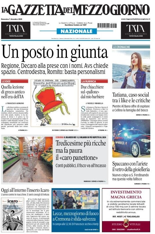 Prima Pagina La Gazzetta del Mezzogiorno (Bari) 07/12/2025