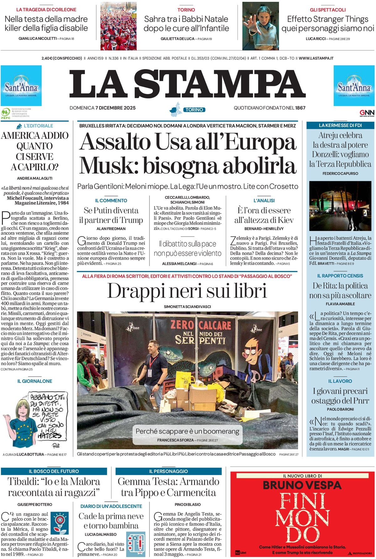 Prima Pagina La Stampa 07/12/2025