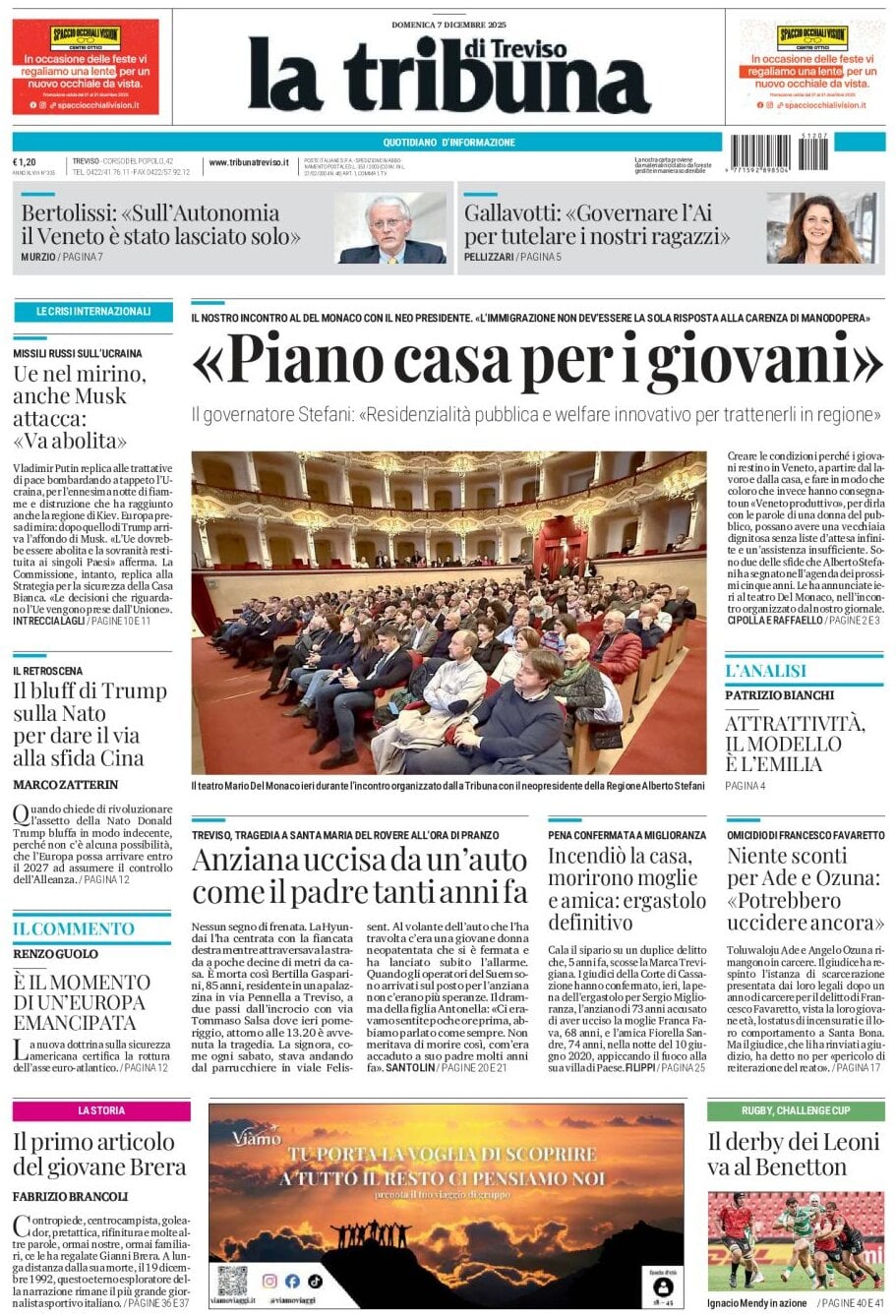 Prima Pagina La Tribuna di Treviso 07/12/2025