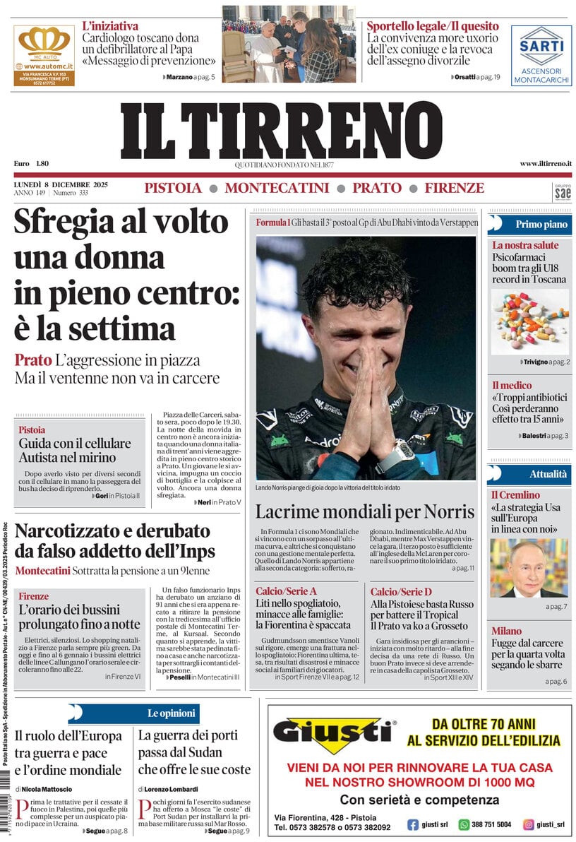Prima Pagina Il Tirreno (Firenze, Prato, Pistoia, Montecatini) 08/12/2025