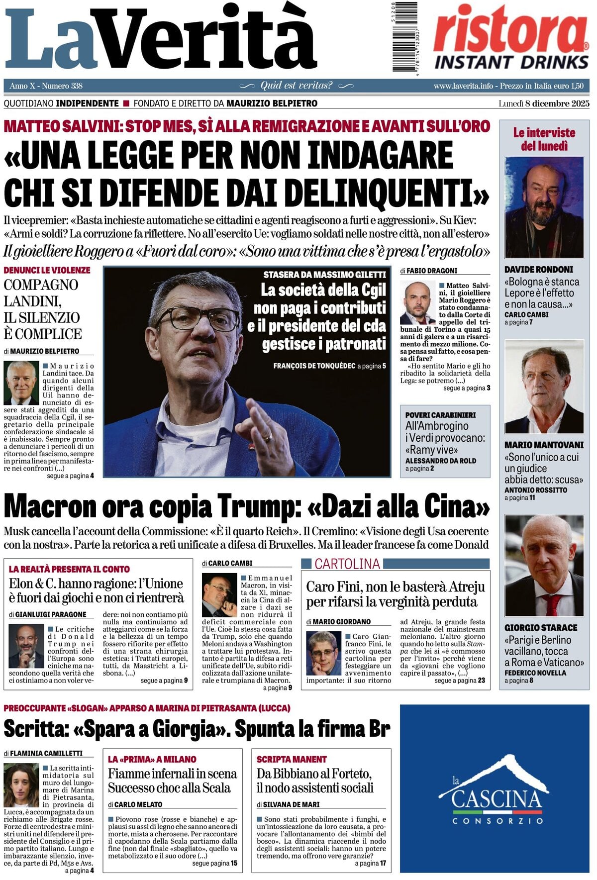 Prima Pagina La Verità 08/12/2025
