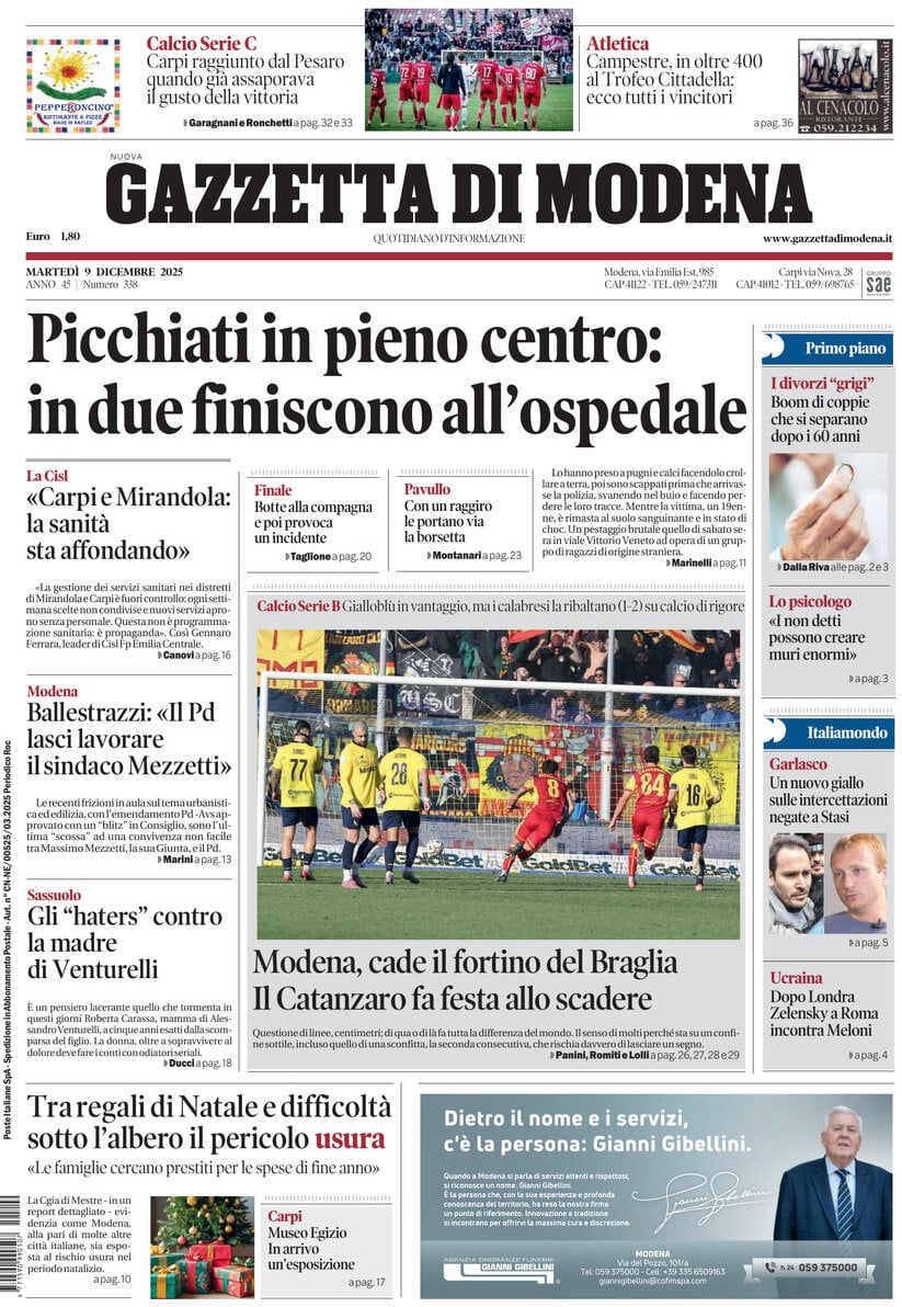 Prima Pagina Gazzetta di Modena 09/12/2025