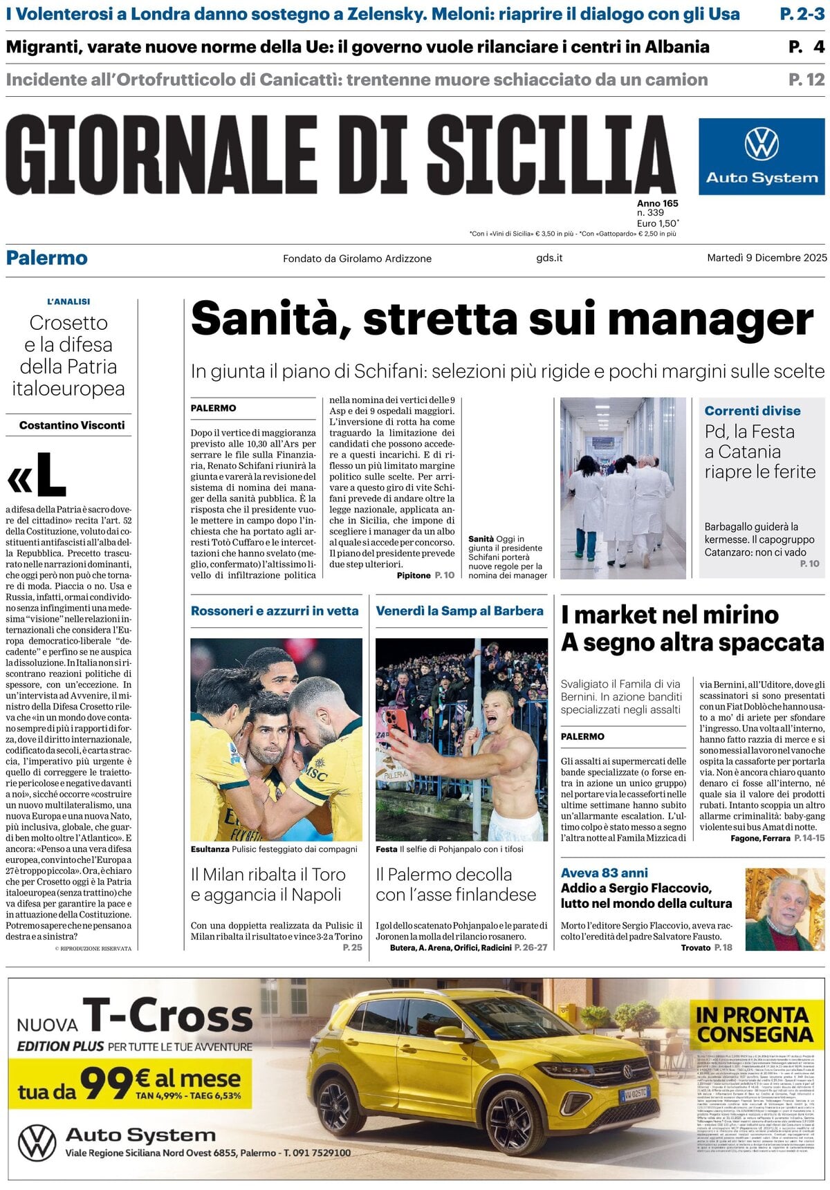 Prima Pagina Giornale di Sicilia (Palermo) 09/12/2025