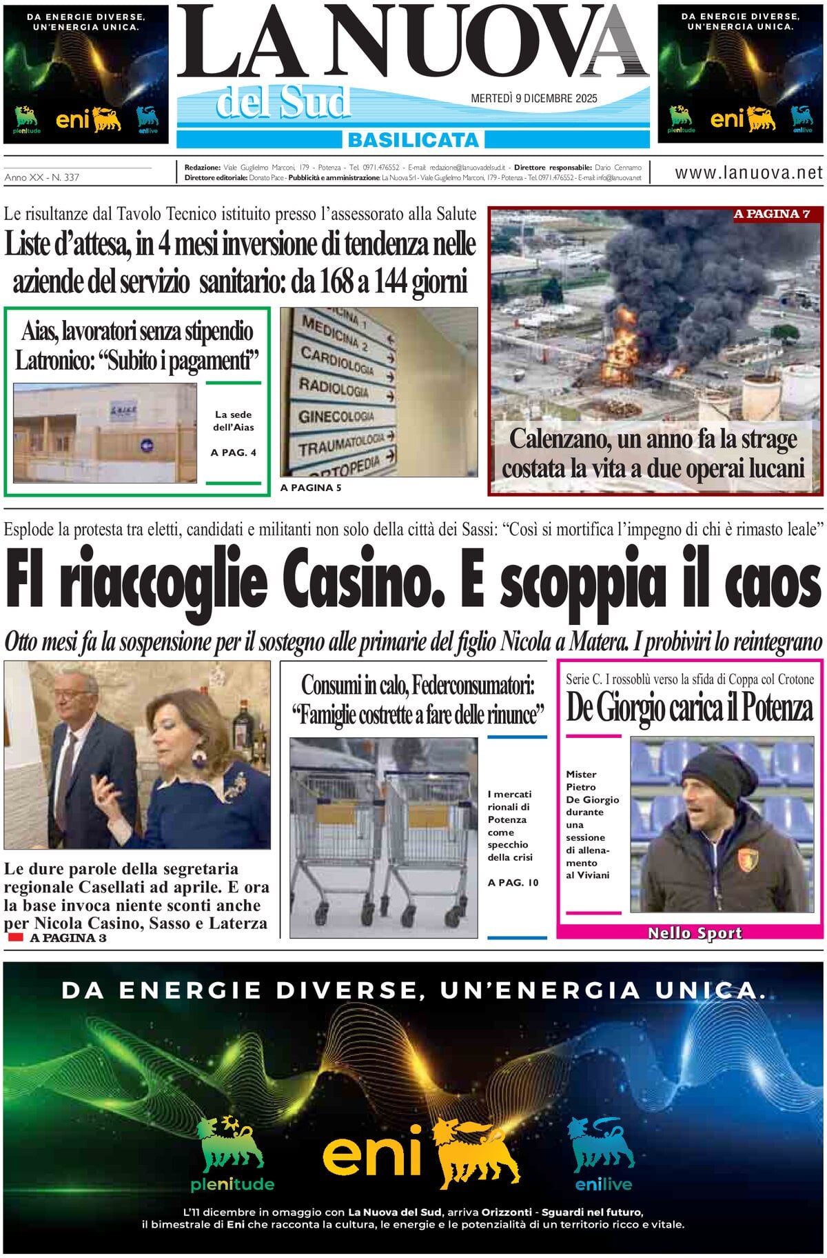 Prima Pagina La Nuova del Sud (Basilicata) 09/12/2025