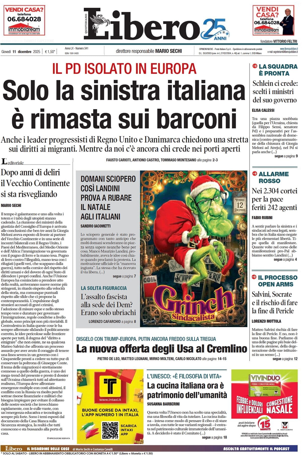 Prima Pagina Libero Quotidiano 11/12/2025