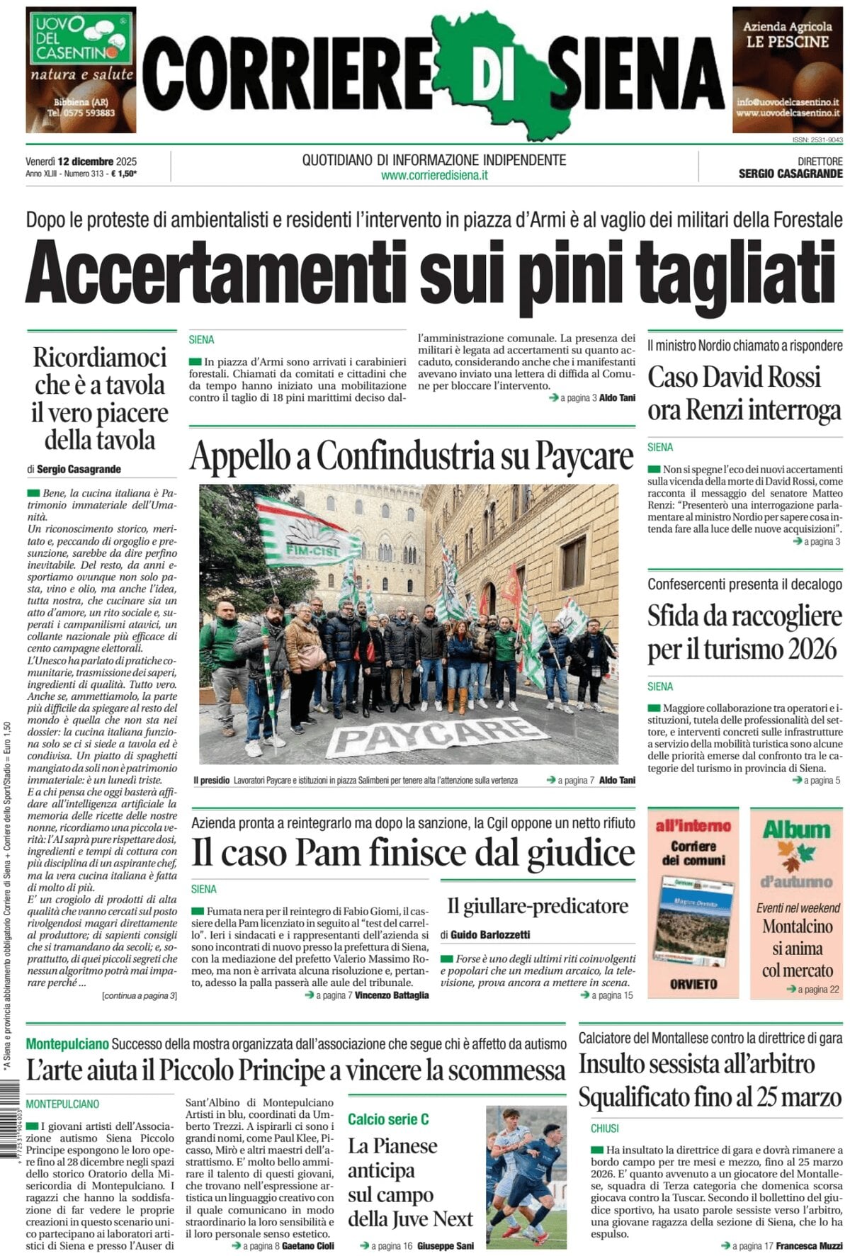 Prima Pagina Corriere di Siena 12/12/2025