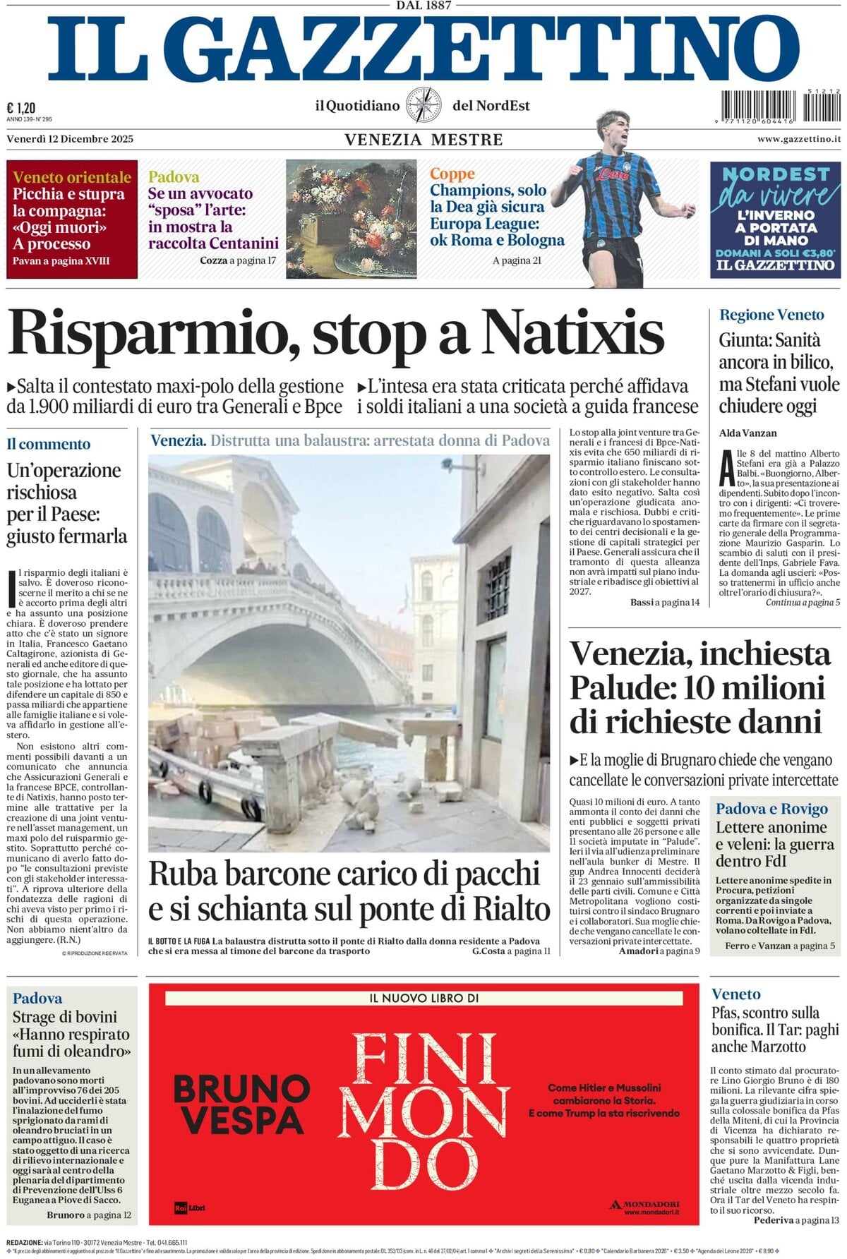 Prima Pagina Il Gazzettino 12/12/2025