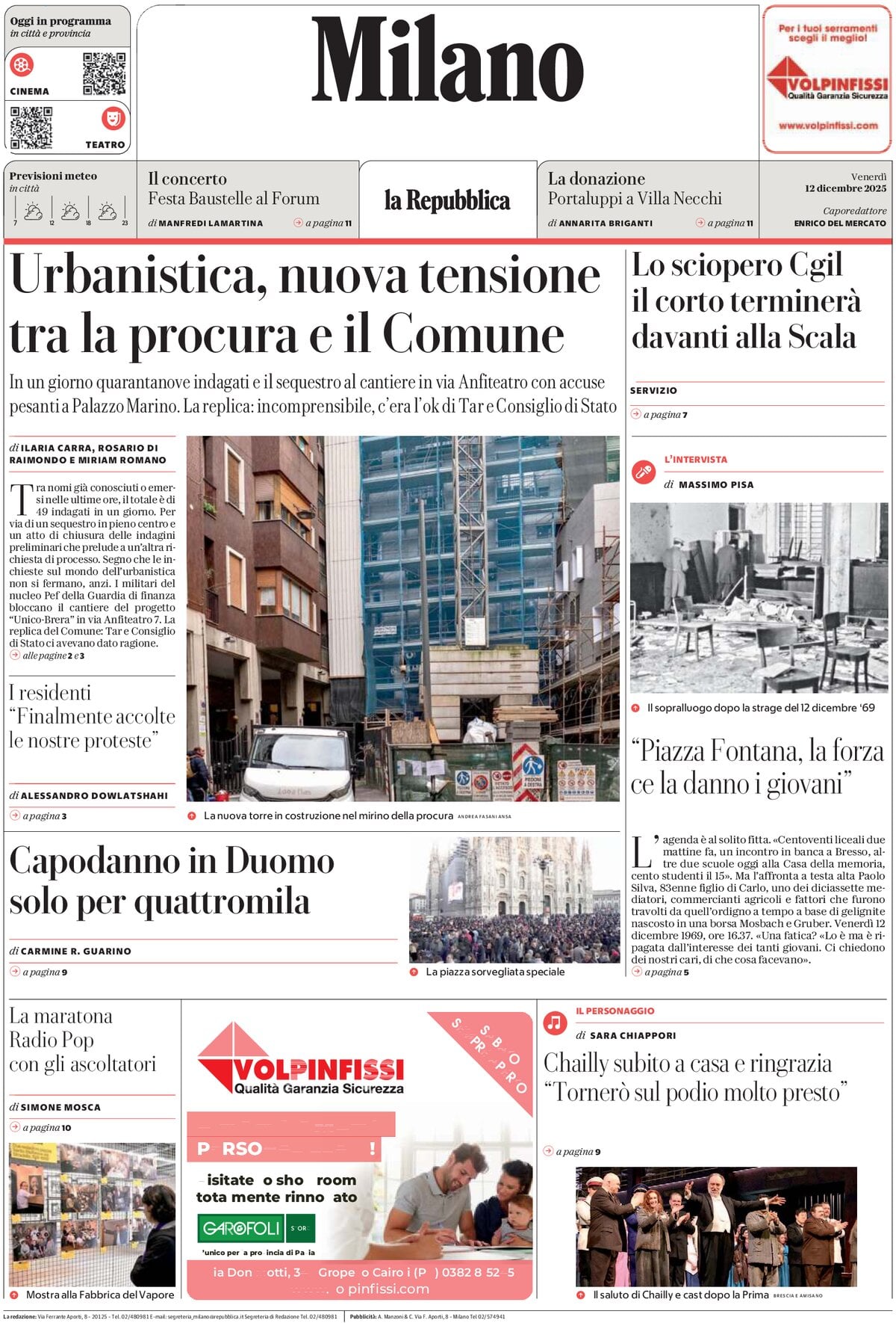 Prima Pagina La Repubblica (Milano) 12/12/2025