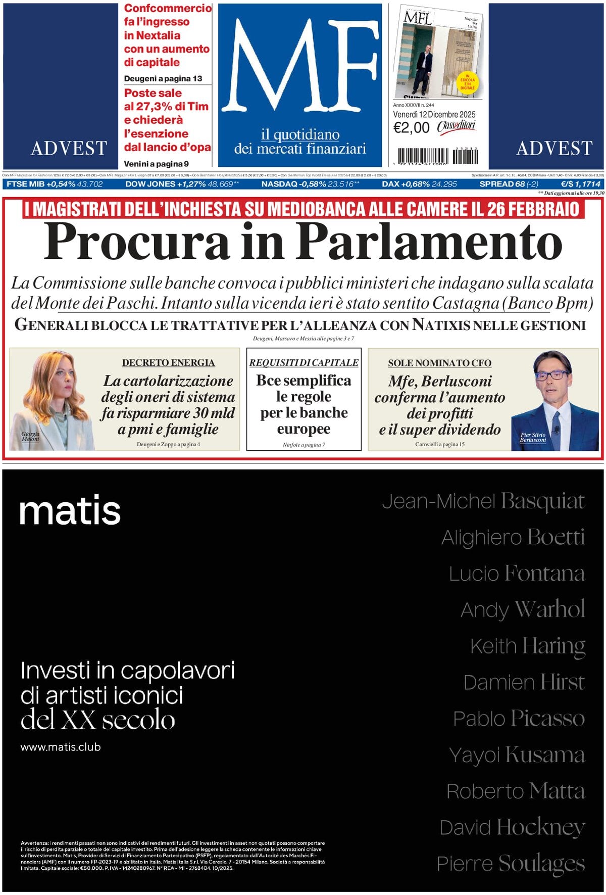 Prima Pagina MF Milano Finanza 12/12/2025