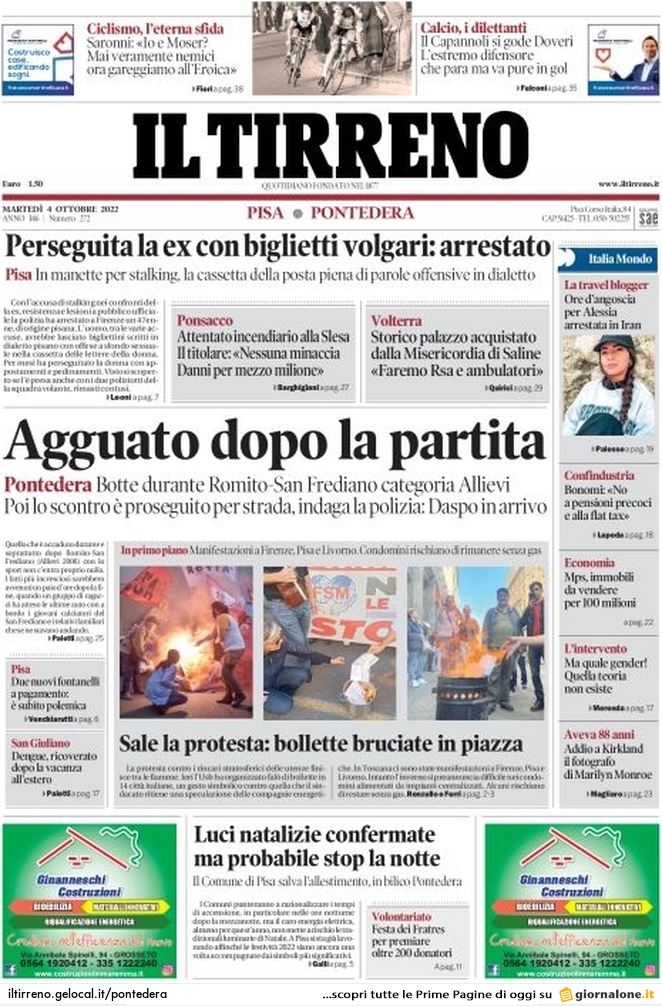 Prima Pagina Il Tirreno (Pontedera) 04/10/2022